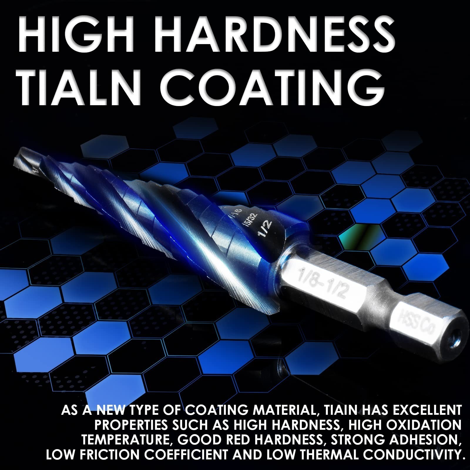 M35 Cobalt Step Drill Bit 1/8-1/2 TiAlN 1/4 Hex 4 Flute