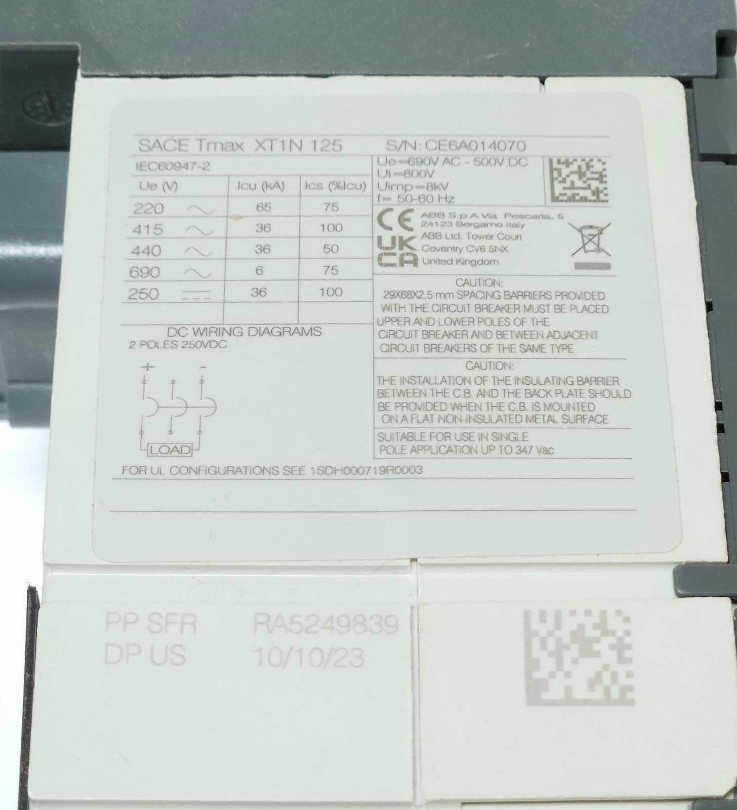ABB SACE TMAX XT1 N 125 3 Pole 100 AMP XTIN 125 With LSC Plug In Mounting Module