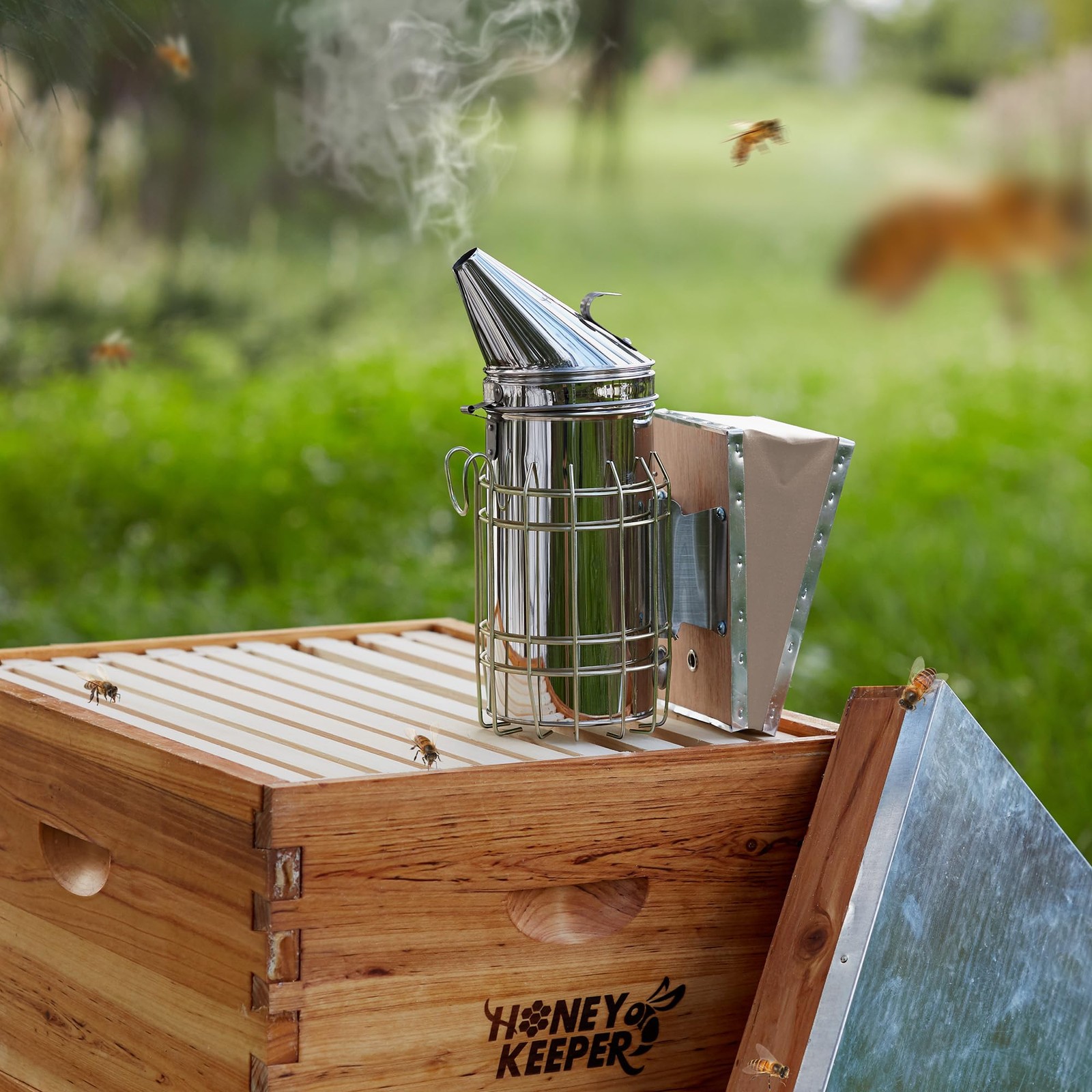 Honey Keeper Bee Hive Smoker Stainless Steel with Heat Shield Beekeeping