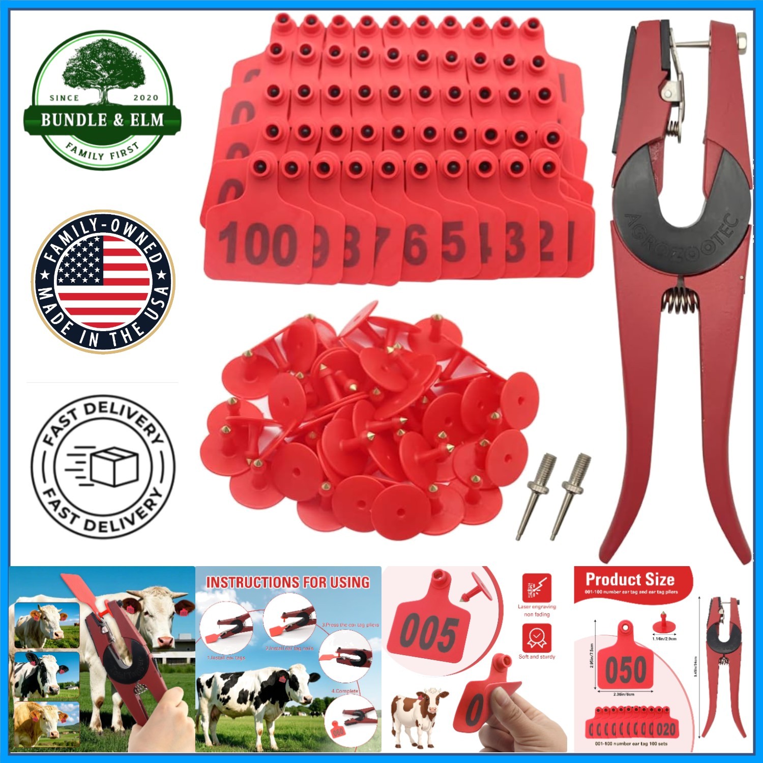 Cattle Ear Tag Applicator Kit with 100 Small Red Tags for Animal Identification