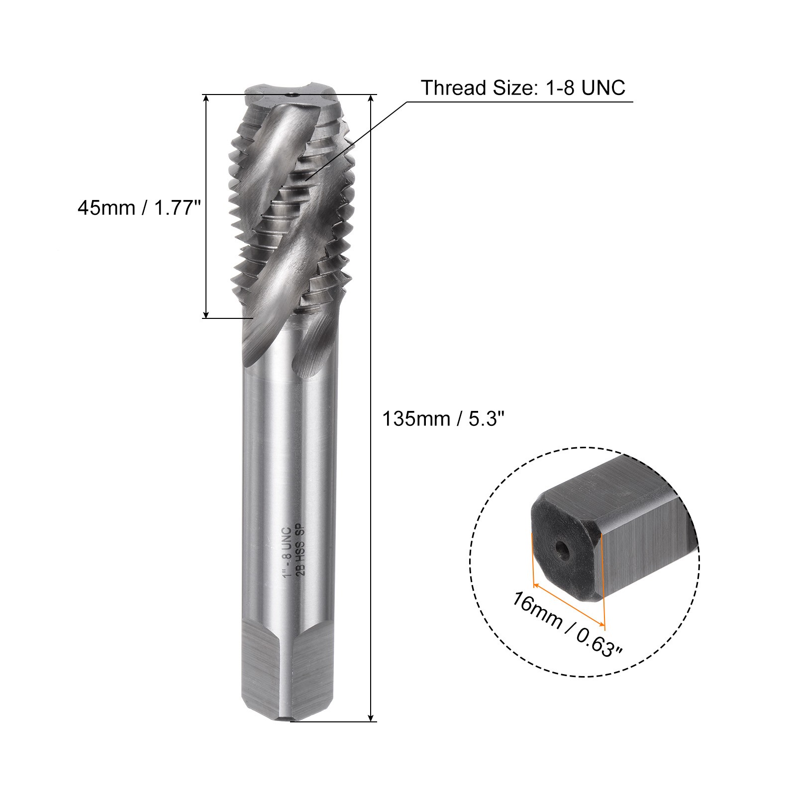 1-8 UNC 2B High Speed Steel Uncoated Machine Spiral Flutes Threading Tap