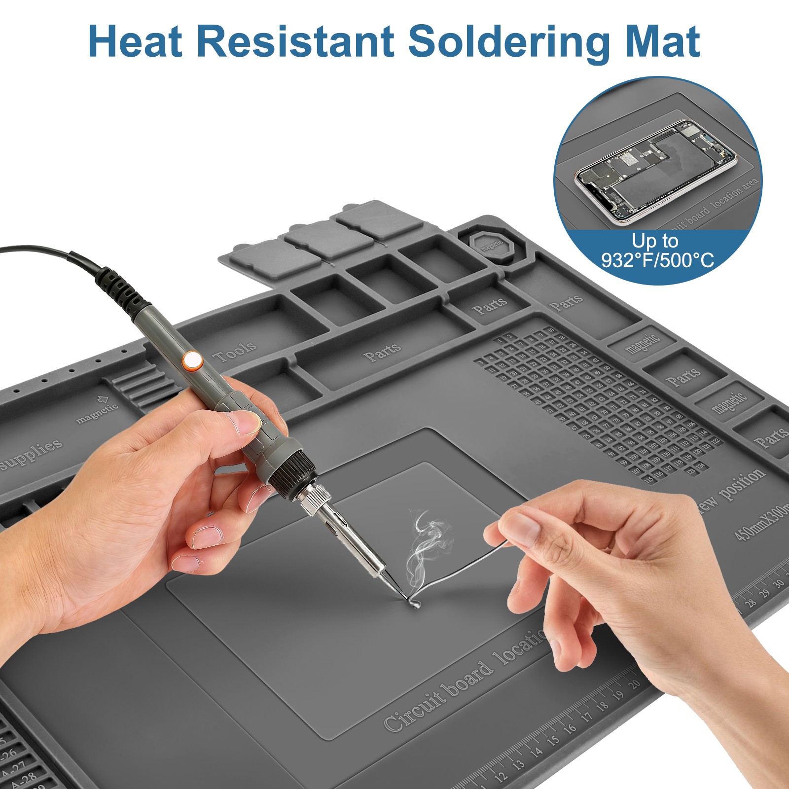 932°F Silicone Soldering Mat Heat-Resistant Magnetic Electronics PC Phone Repair