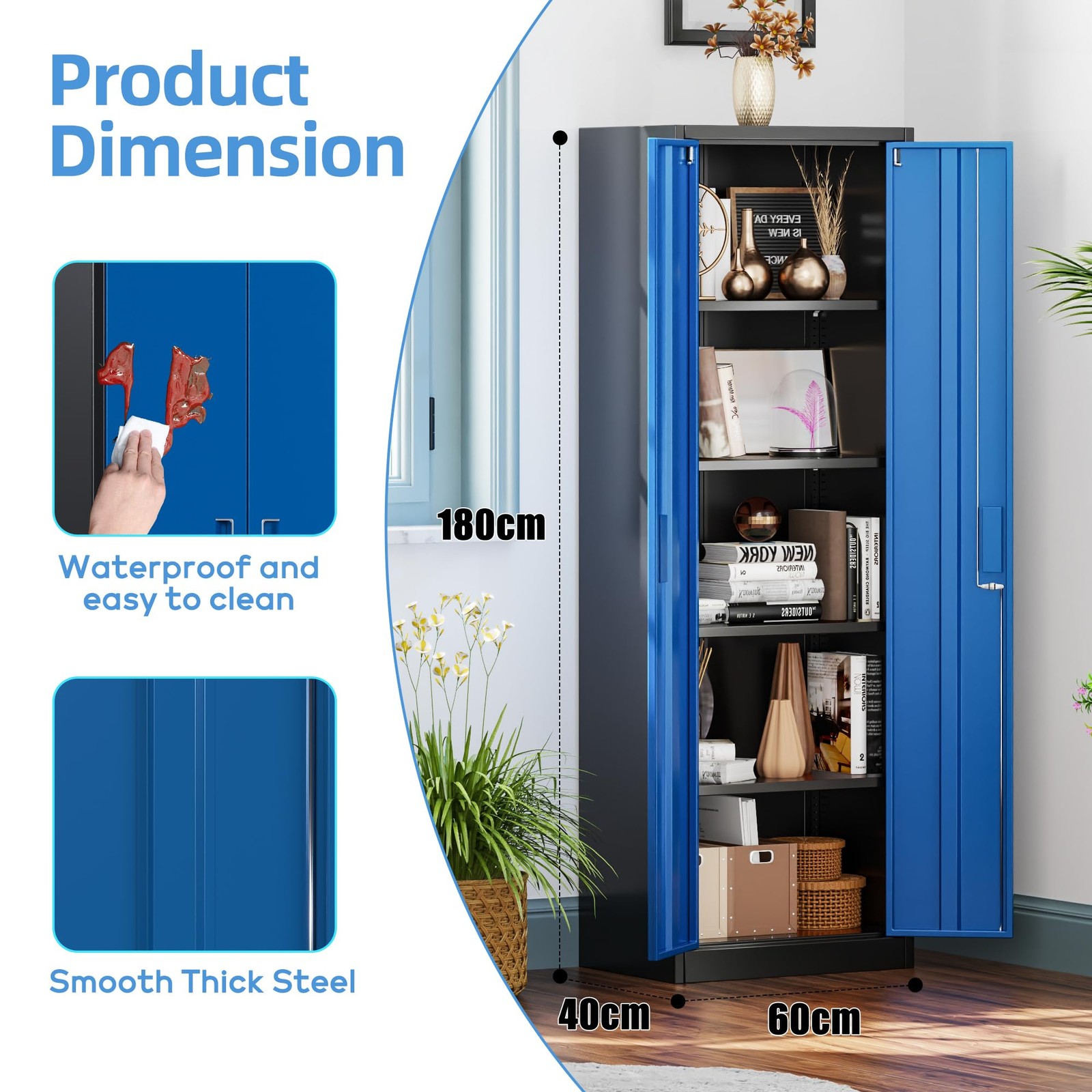 24″ W Metal Storage Cabinet with Locking Doors and Adjustable Shelves Black Blue
