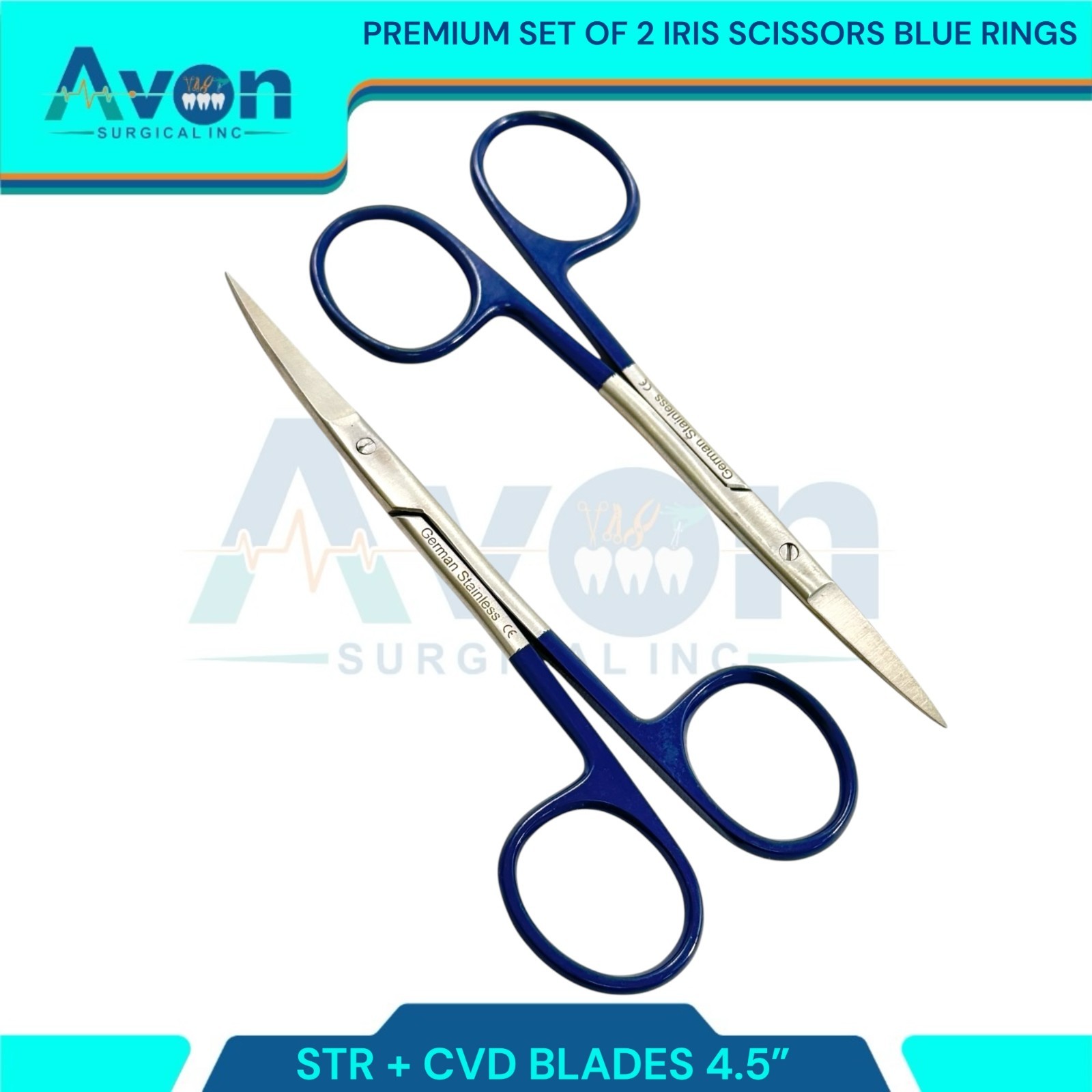 2pcs Premium Dissecting Iris Scissors with Sharp Points, Curved+Straight – 4.5in