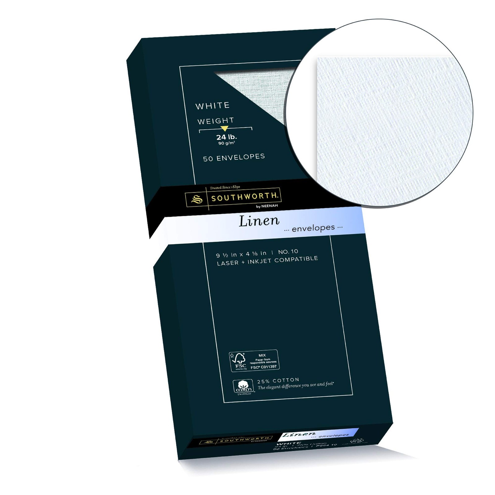 25% Cotton #10 Envelopes, 4.125″ x 9.5″, 24 lb/90 GSM, Linen Finish, White, 5…