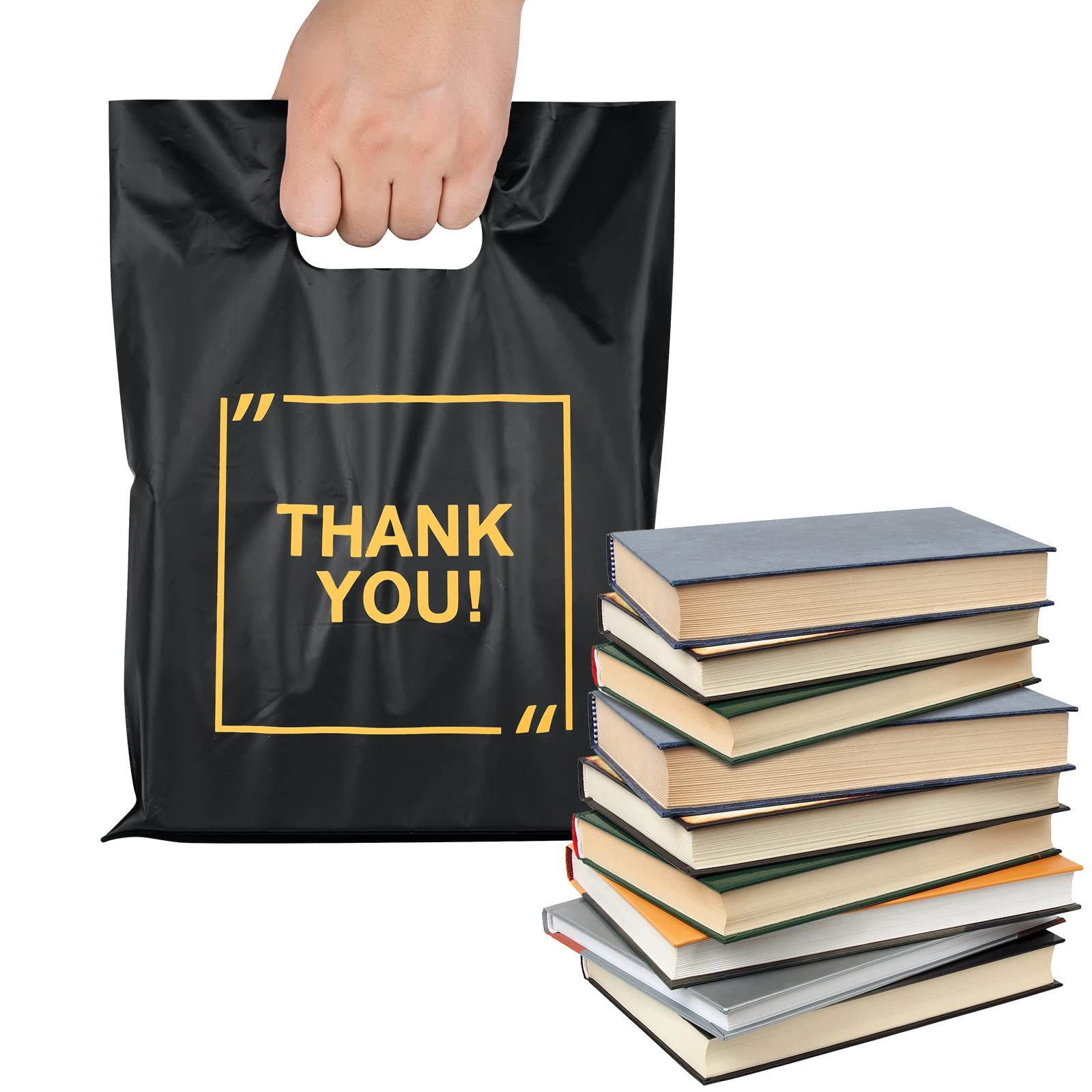 50 Pack Die Cut Plastic Shopping Bags with Thank 50 Count (Pack of 1), Black