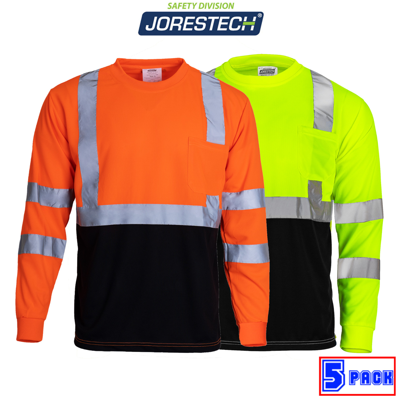 5 pack Hi-Vis Safety Workwear Long Sleeve Shirt Top Reflective Tape Two tone