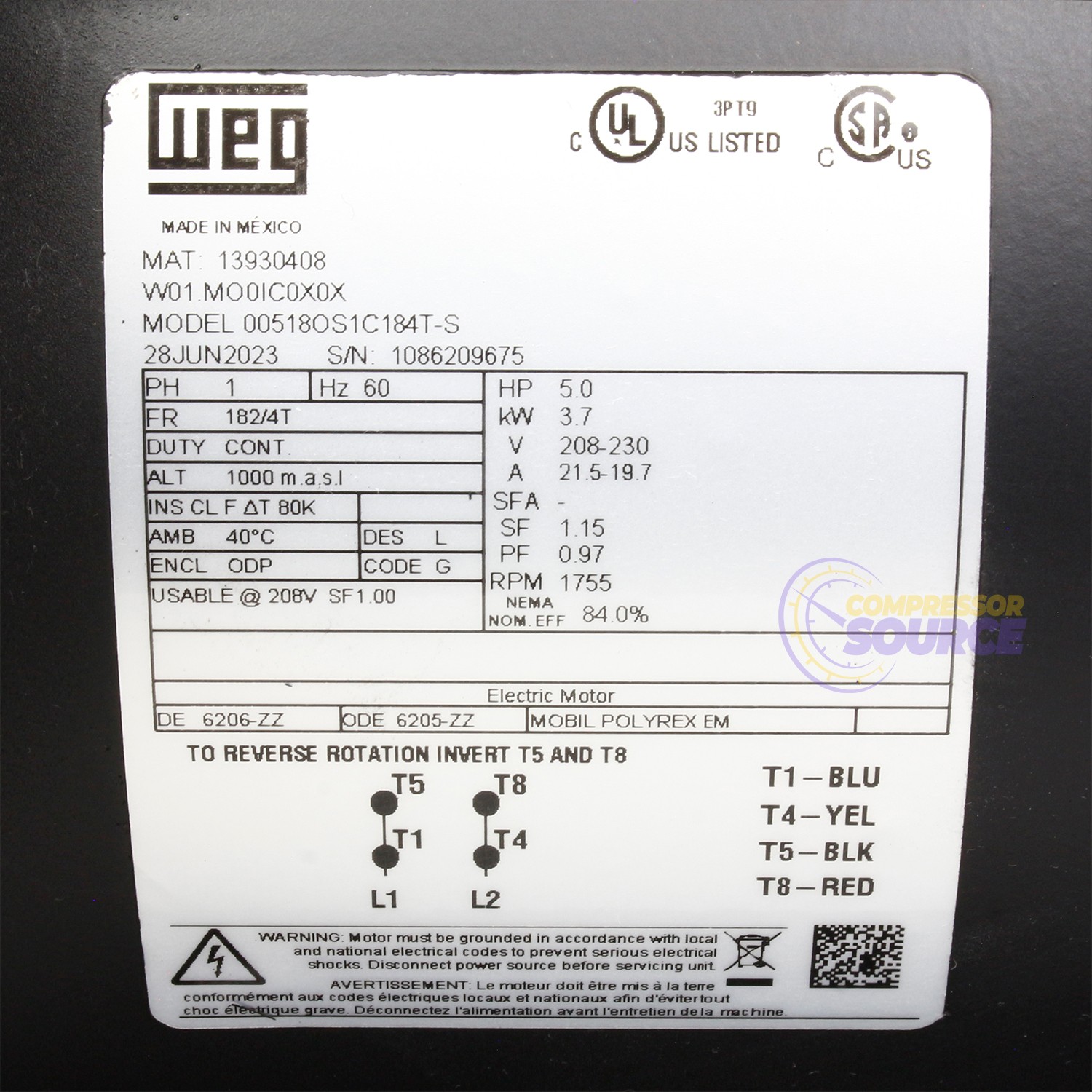 5HP WEG Air Compressor Electric Motor 182/4T Rolled Steel Single Phase 208-230V