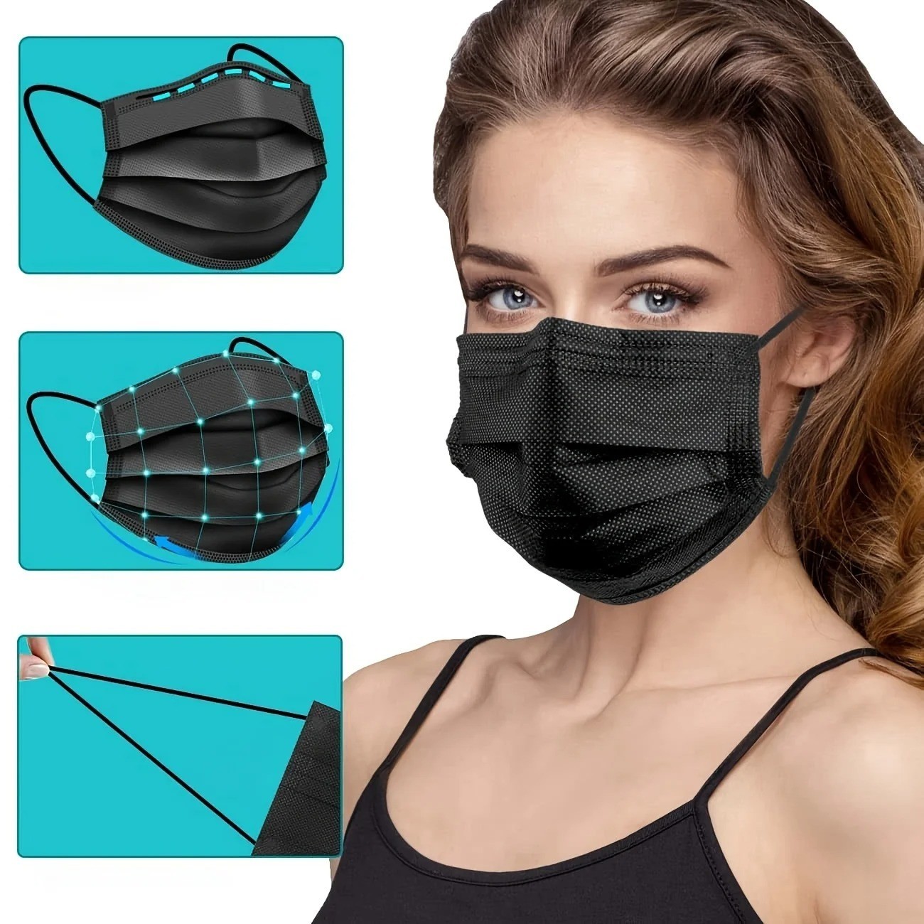 100 PCS Black 3-Ply Disposable Face Masks Non-Medical Ear Loop Breathable