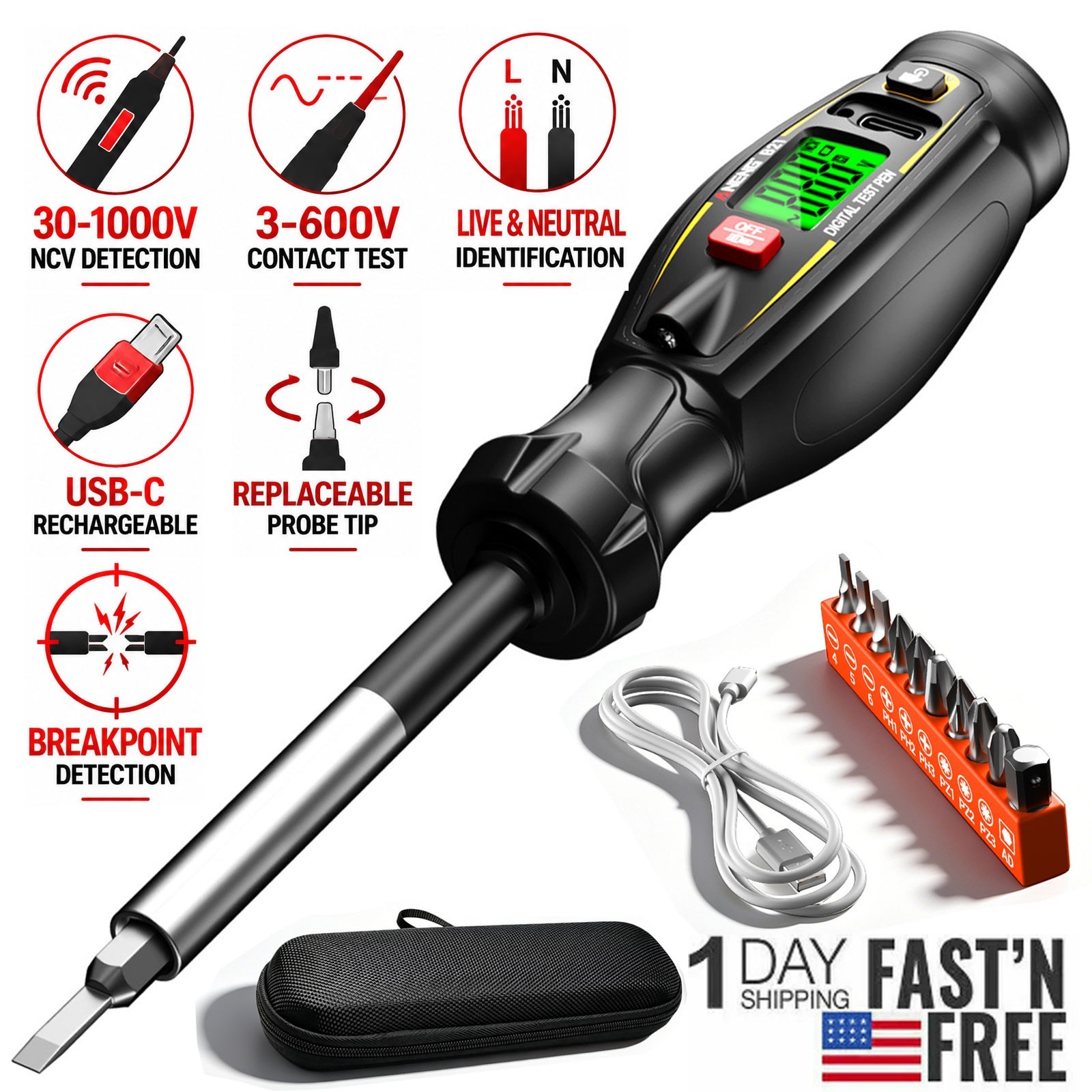 Digital Voltage Detector Tester CAT IV 600V Non Contact AC 30-1000V Rechargeable