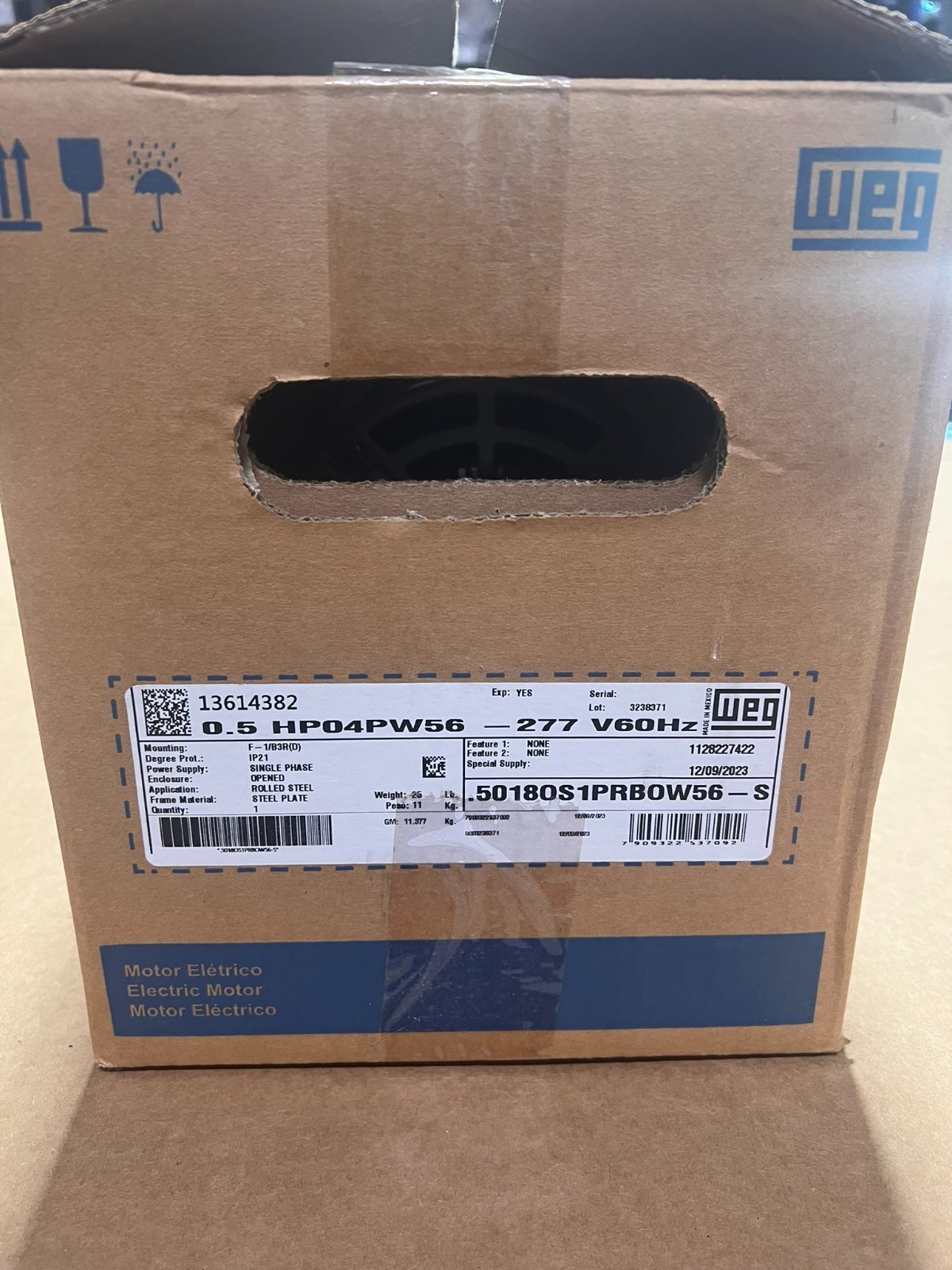 WEG ROLLED STEEL 0.5 HP 4P W56 1Ph 277 V 60 Hz IC01 – ODP – Foot-mounted