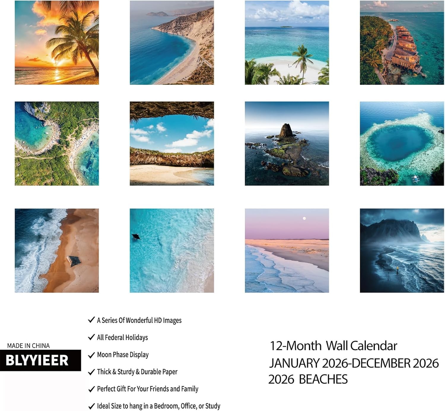 2026 Wall Calendar BEACHES, 12 Months Hangable Wall Calendars, Beach Calendars