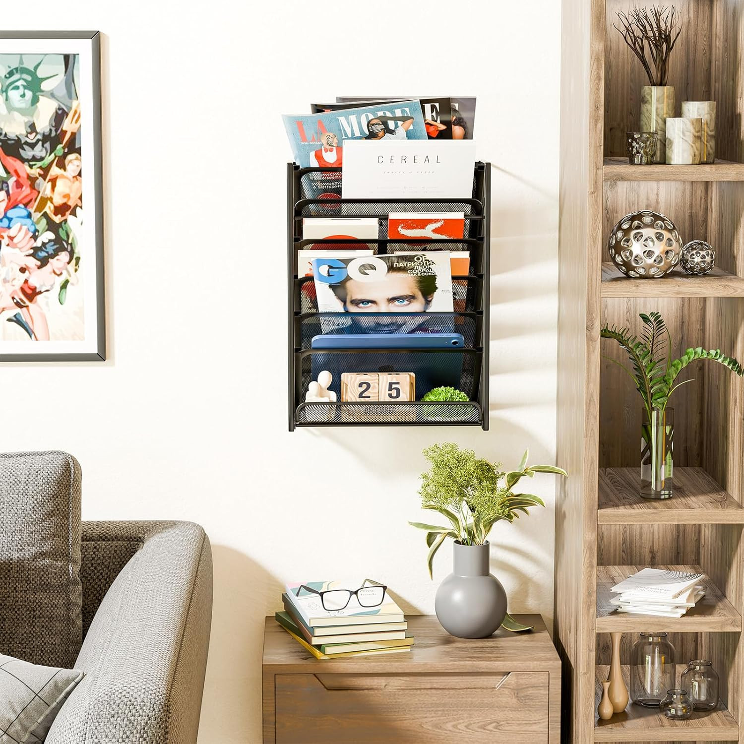 Wall File Organizer, Mesh 7-Tier Vertical Hanging File Holder, Desktop Metal Fil