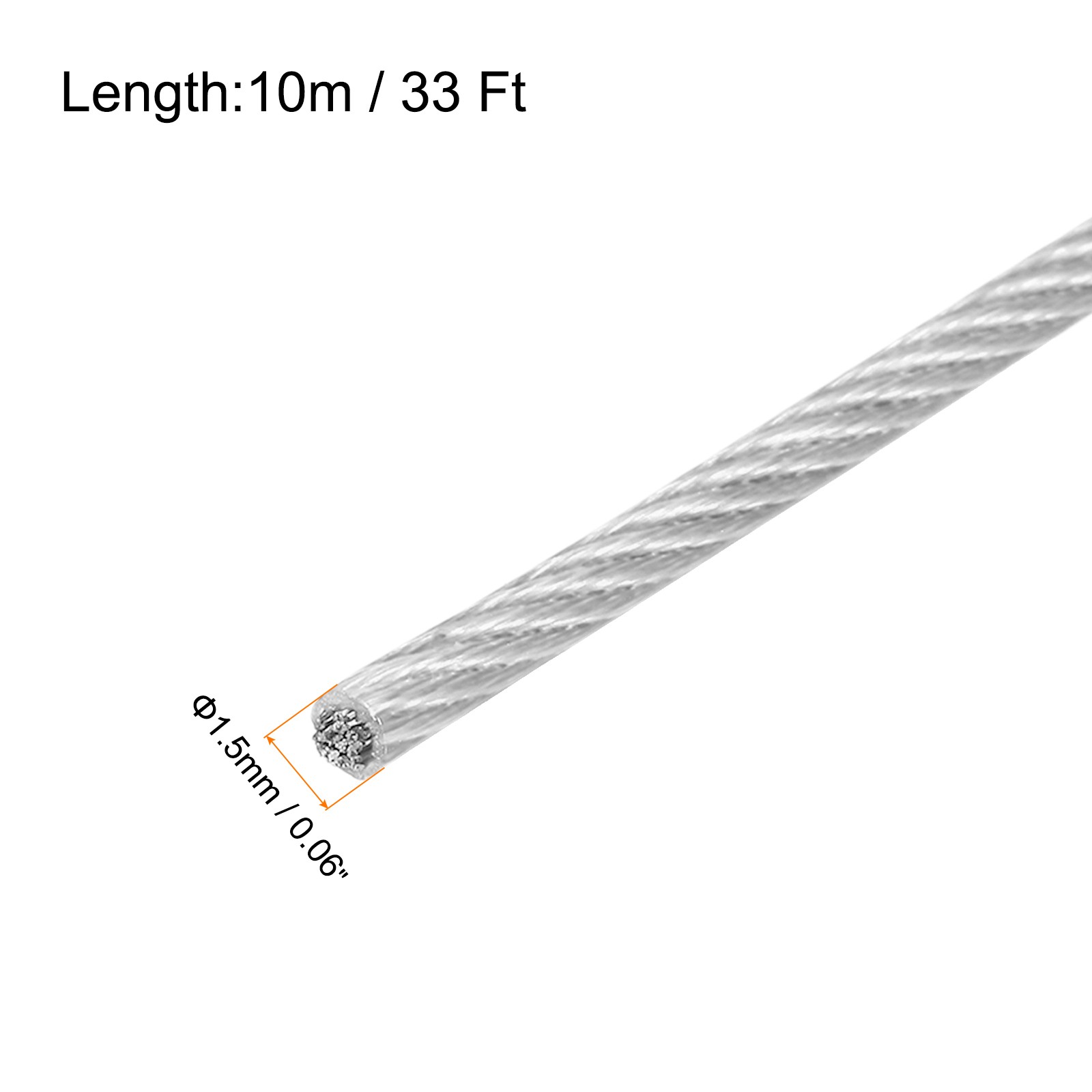 33Ft(10M) Wire Rope 304 Stainless Steel 1/16″ (1.5 mm) 2Pcs Sleeve Transparent
