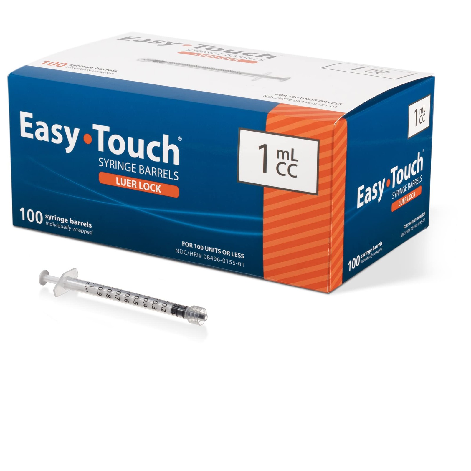 EasyTouch Luer-Lock Syringe Barrel, 1ML Syringe, Pack of 100 1 cc/ml, Blue