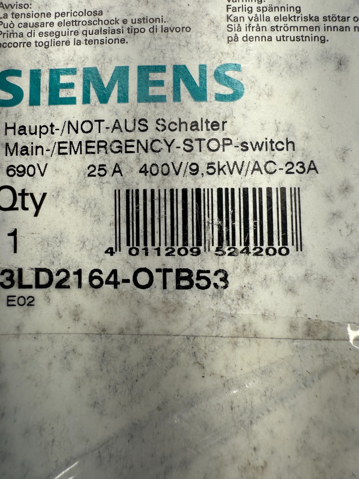 Siemens 3LD2164-OTB53 25A 400V 9.5kW Main Emergency Stop Disconnector Switch