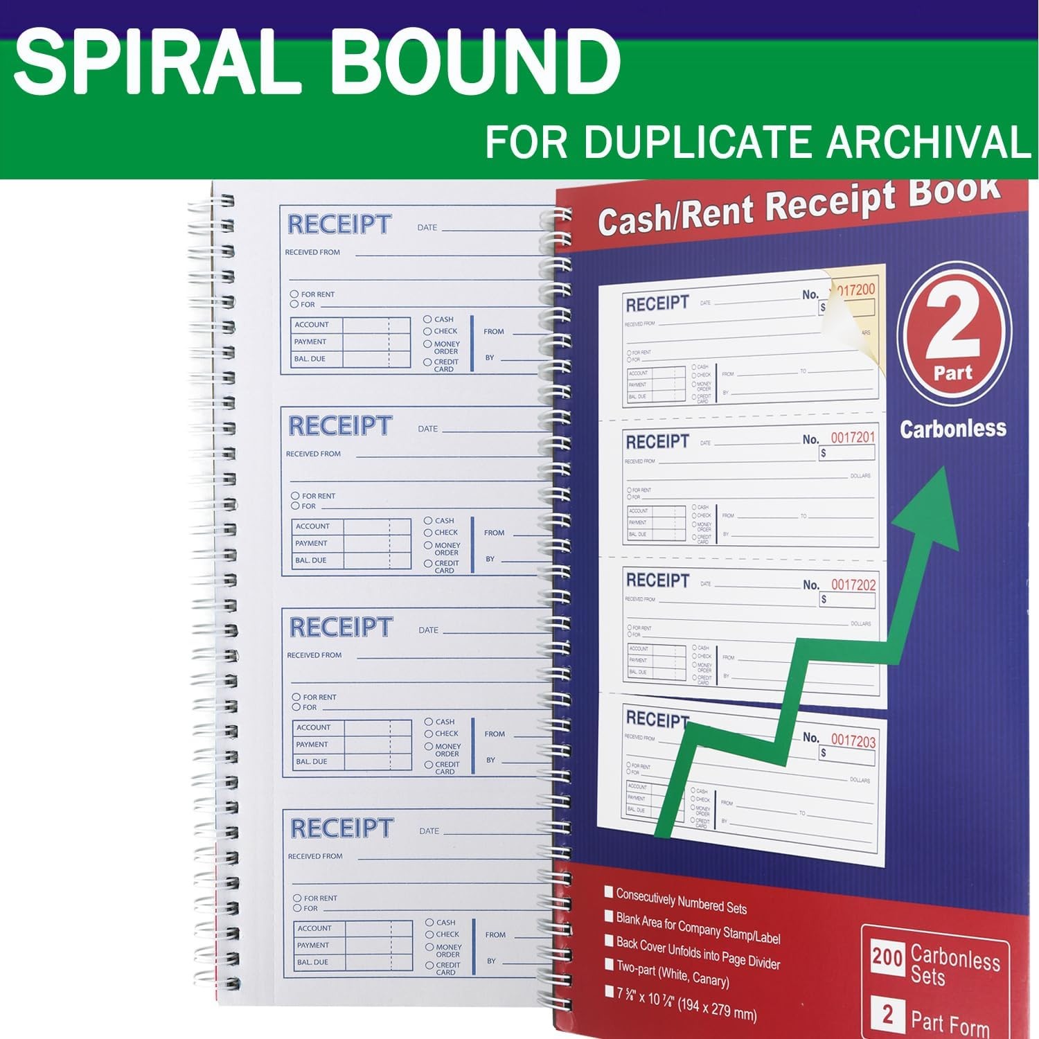 Money and Rent Receipt Book 2-Part Carbonless 7-5/8″ x 11″ Spiral Bound 200 Sets