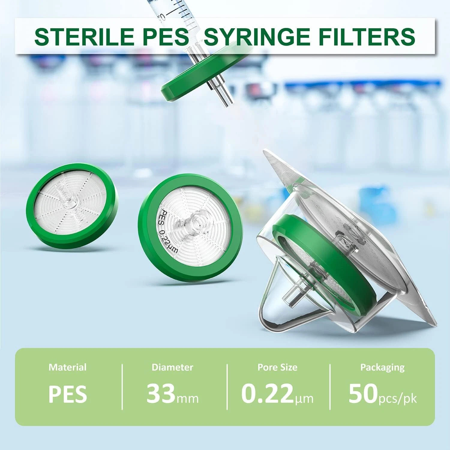 50PCS Sterile Syringe Filter PES Membrane Hydrophilic Filter 33mm 0.22 Micron US