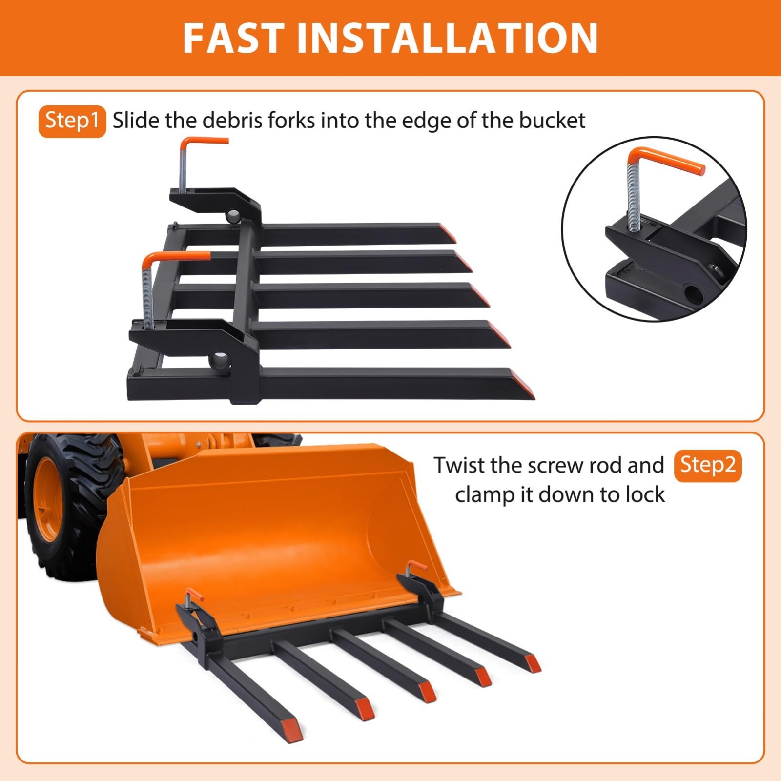 Clamp-On Debris Forks for 48″ Tractor Bucket ,2500 LBS with 5 Tines Pallet Forks
