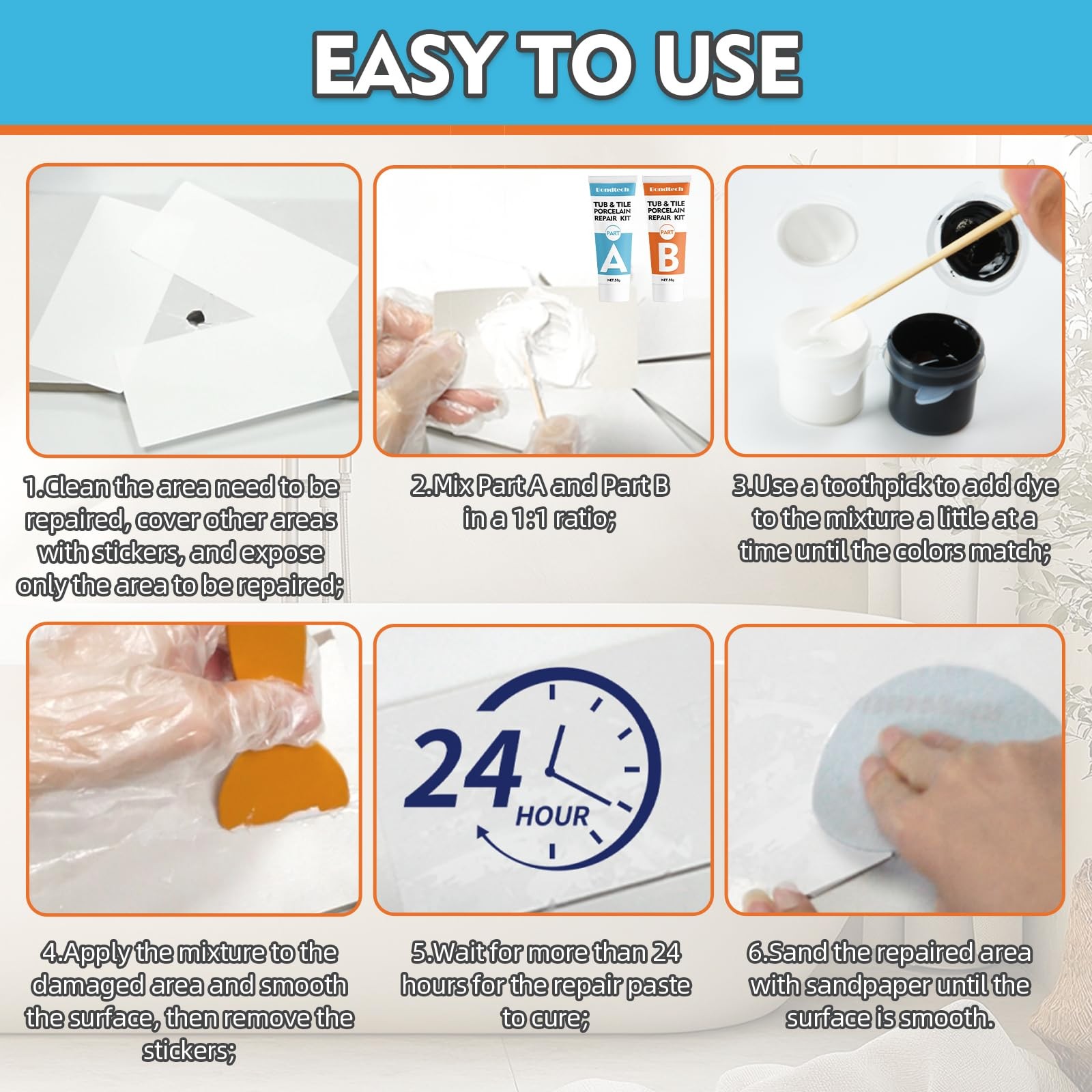 Porcelain Repair Kit, White Bathtub & Tile Repair Kit, for Tub, Enamel, Fiber…