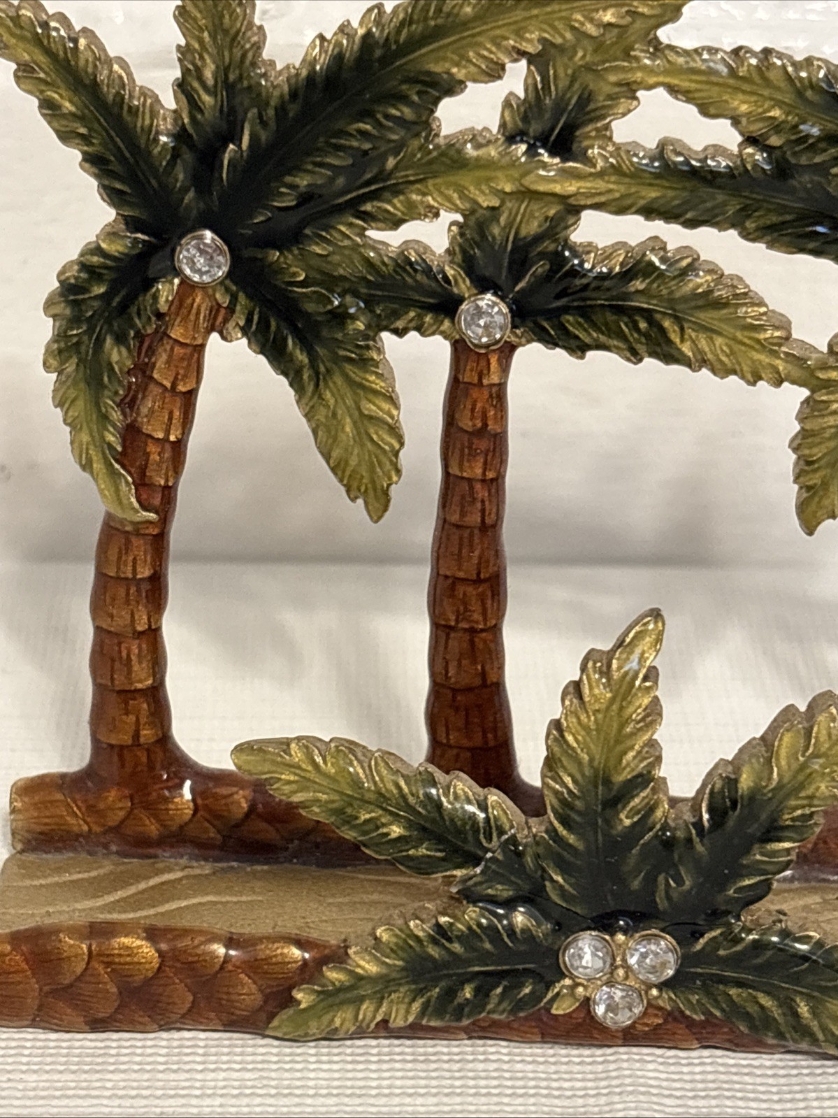 VTG Enamel Heavy Business Card Holder Desk Palm Trees Rhinestones Metal Art