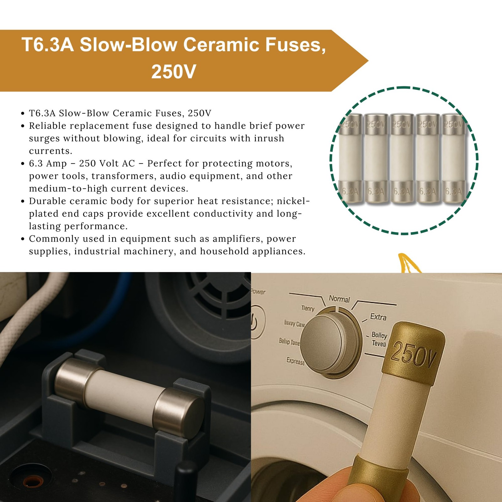 T6.3A Ceramic Fuse, 5x20mm/0.2×0.79inch 6.3A 250V Slow-Blow Time Delay Fuses…