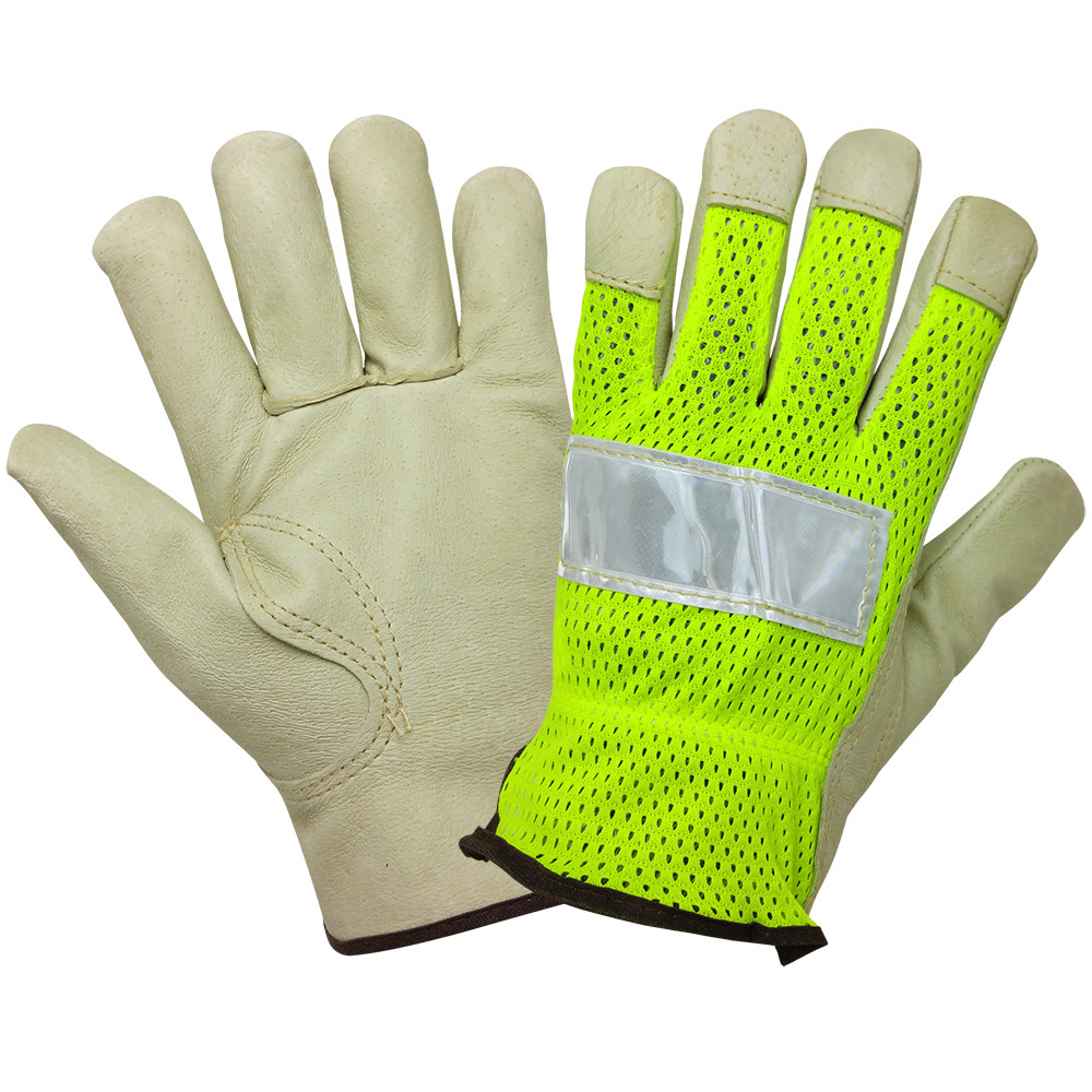 Global Glove 3100PHV Driver Leather Gloves Neon Mesh Back 1 Dozen (12 pairs)