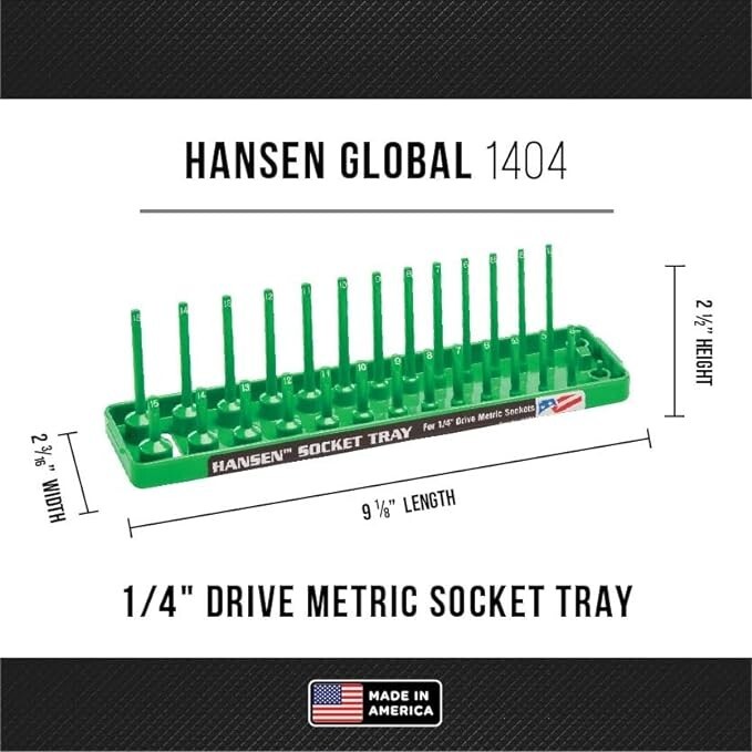 Hansen 6pc Socket Organizer Tray Rack Holder Metric SAE 1/4″ 3/8″ 1/2″ Green