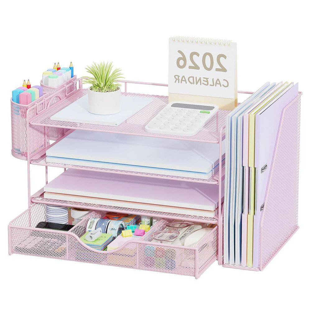 Pink 15.5 In. X 9.2 In. Metal Modern Desk File Holder with Drawer and 2 Pen Hold