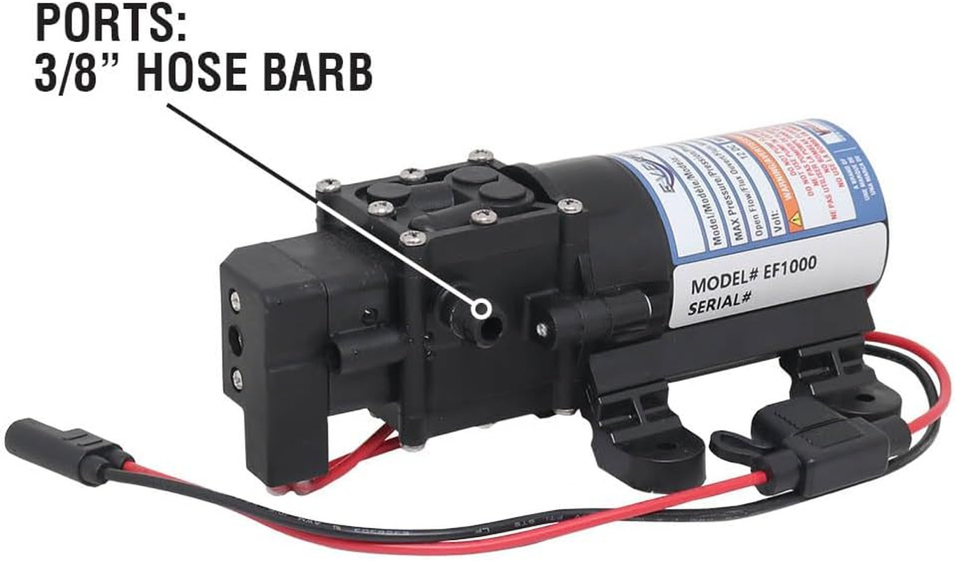 EF1000-BOX 12V Diaphragm Pump with 3/8″ Hose Barb Ports, 1.0 Gpm