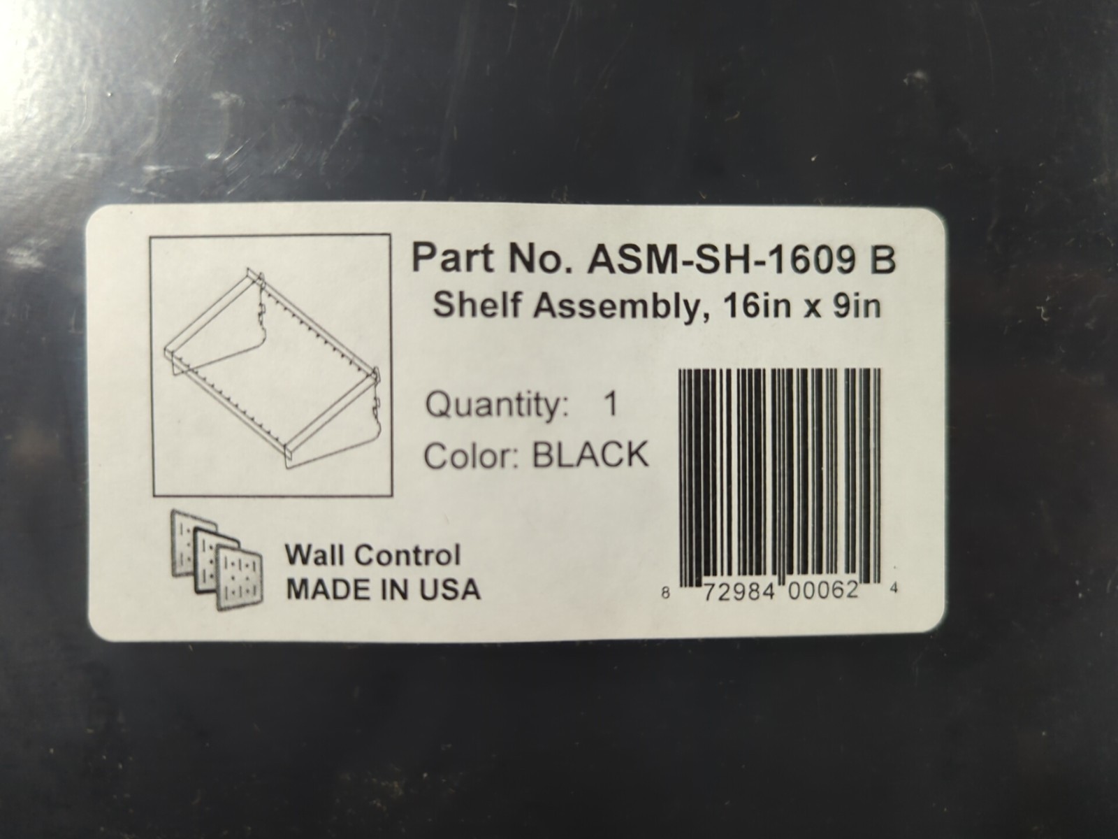 Wall Control ASM-SH-1609 B Shelf Assembly 16in x 9in Black Pegboard Shelf New