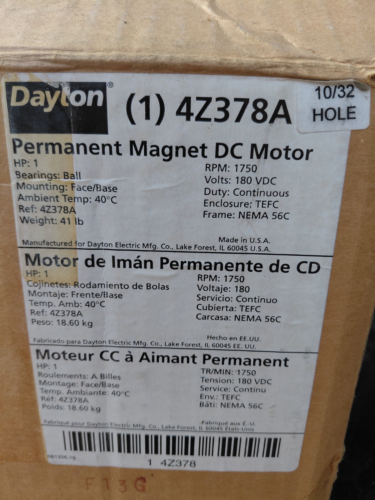Dayton Permanent Magnet DC Motor 4Z378A, 180 VDC, 1 HP, 1750 RPM, 5 Amp, S56C