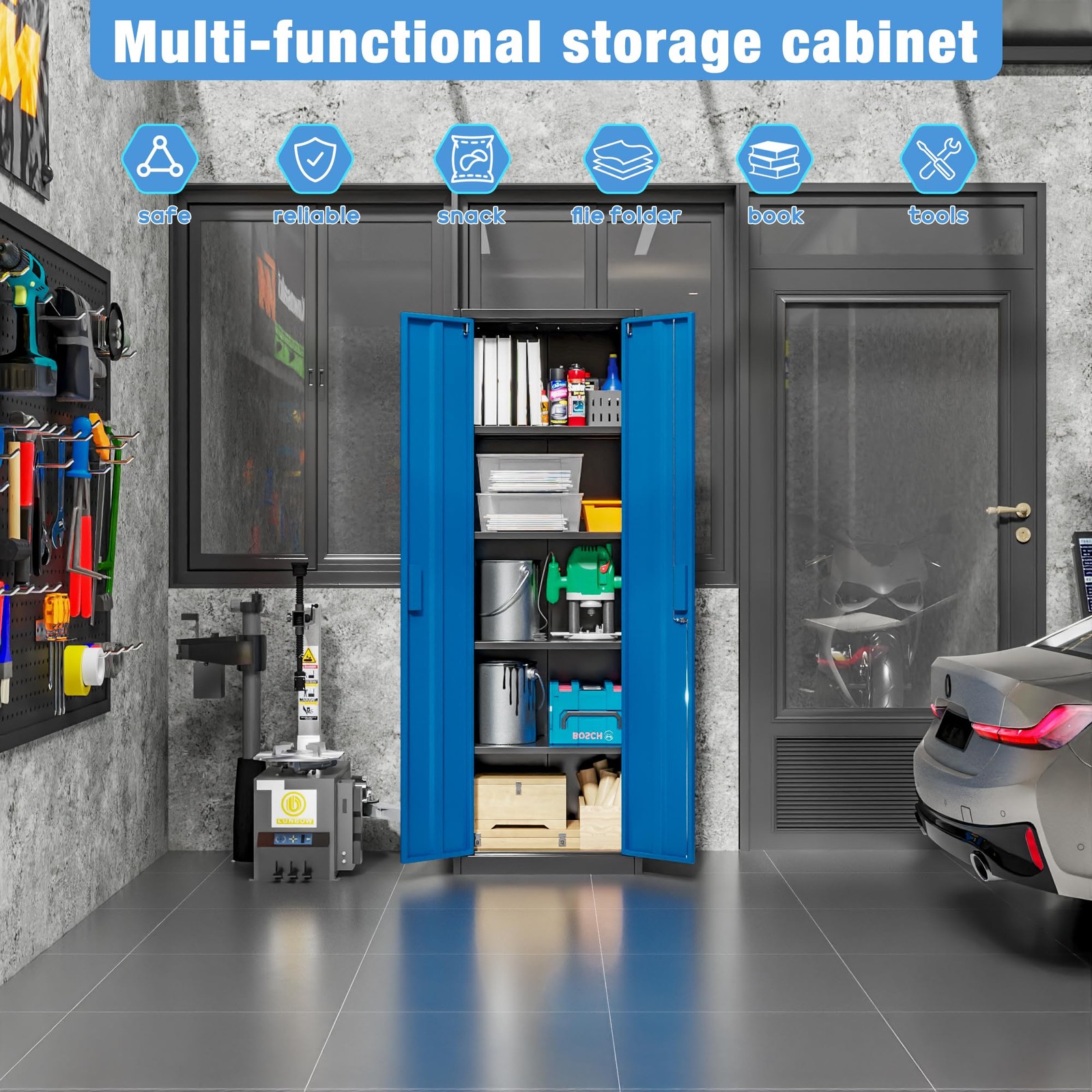 24″ W Metal Storage Cabinet with Locking Doors and Adjustable Shelves Black Blue