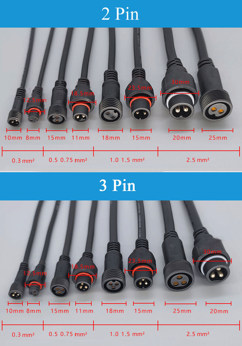 IP67 Waterproof Male Female Power Plug 2/3Pin Electrical Cable Connector Socket