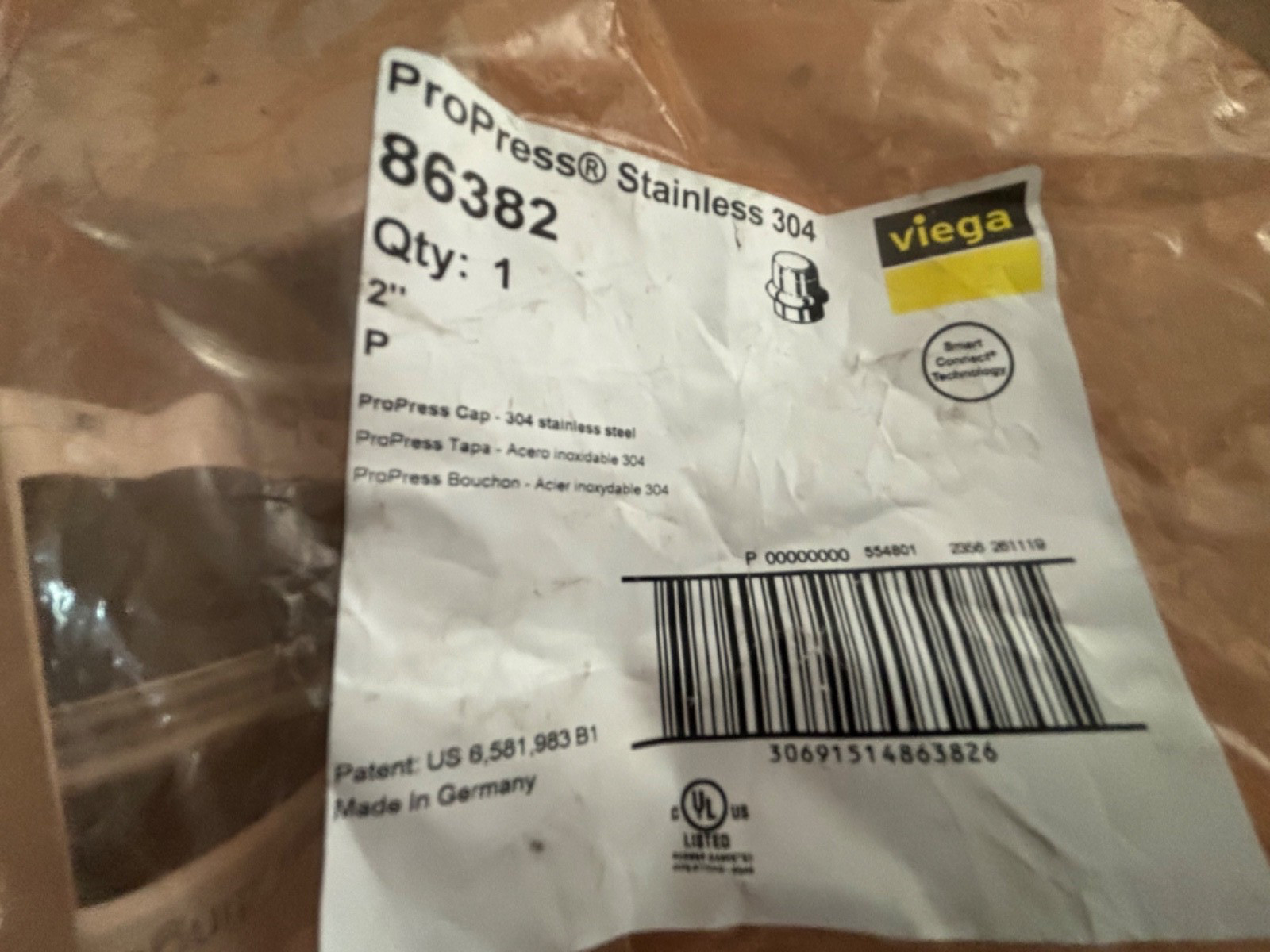 VIEGA 304SS PROPRESS 2″ CAP 86382 STAINLESS STEEL T 304 NEW IN BAG FAST SHIP
