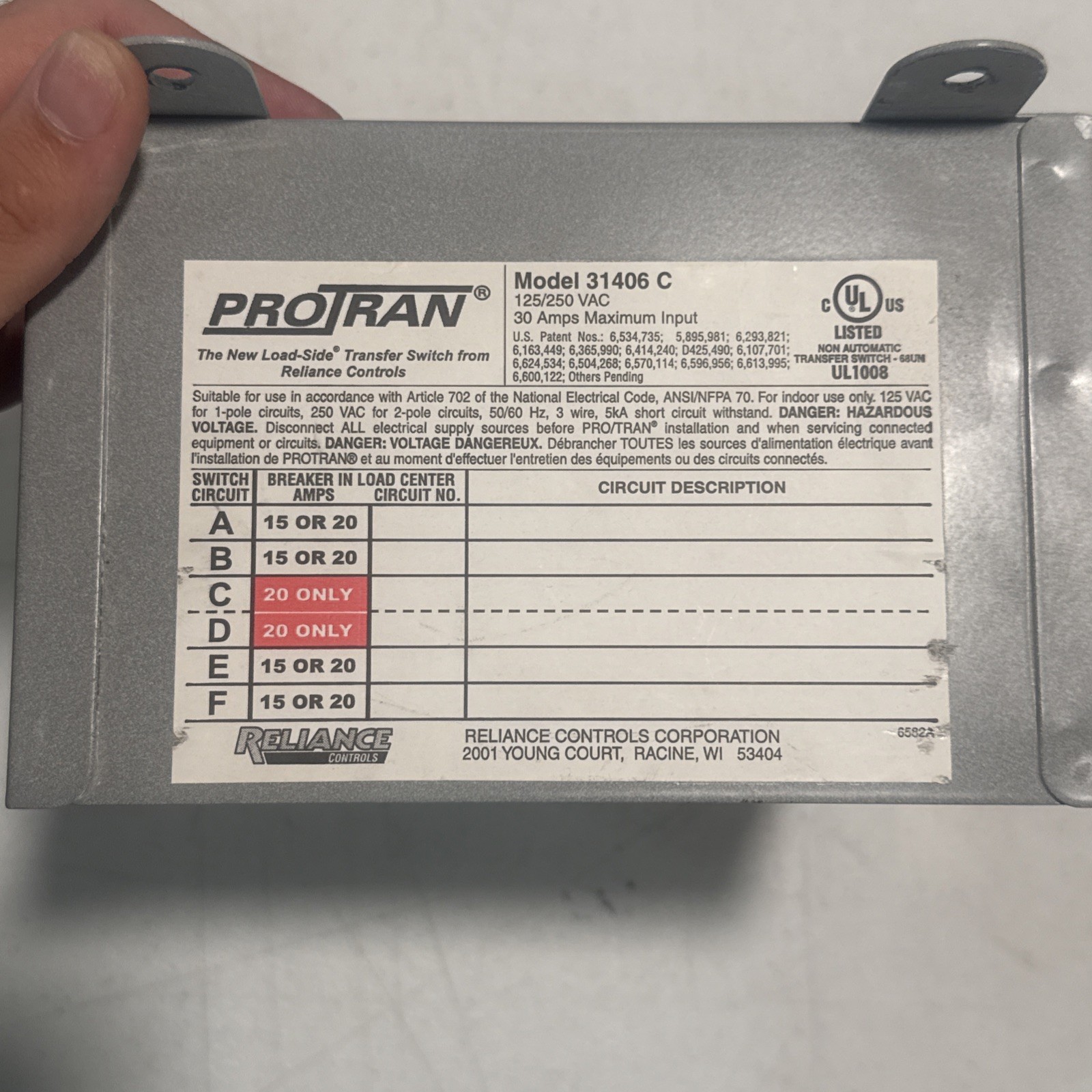 Reliance Controls ProTran Model 31406C Generator Transfer Switch