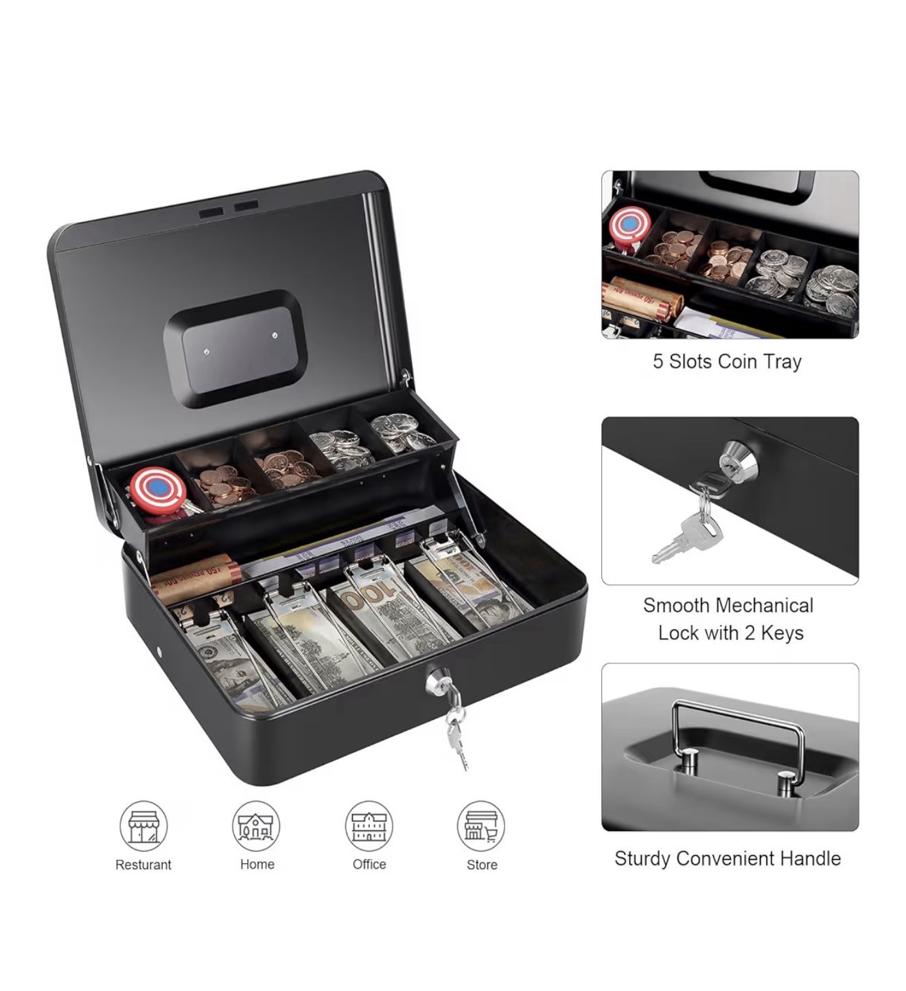 Large Lockable Cash Box with Money Tray & Key, Black, 11.8×9.45×3.54