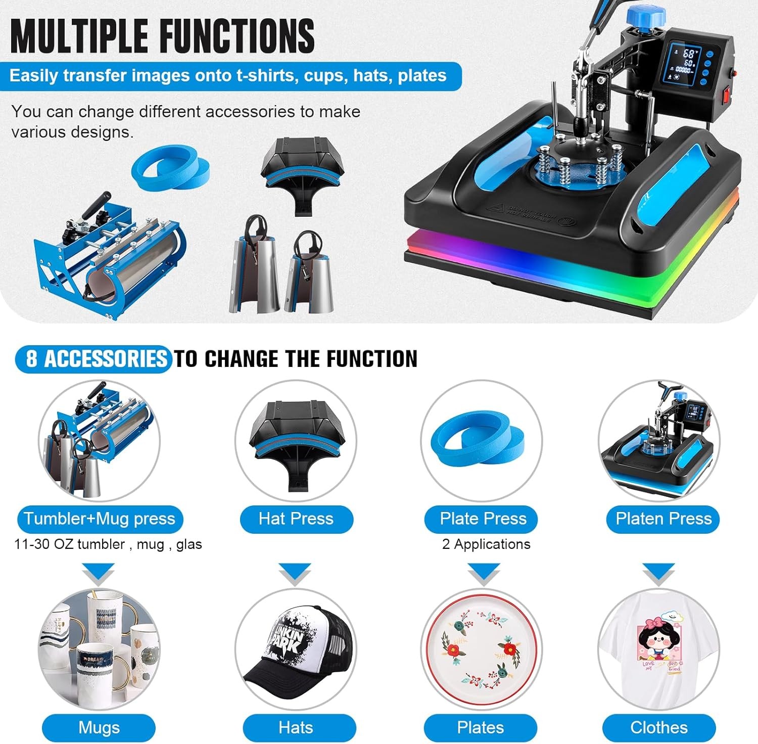 8 in 1 Heat Press Machine 15 x 15 in Transfer Sublimation T-shirt w 30OZ Tumbler