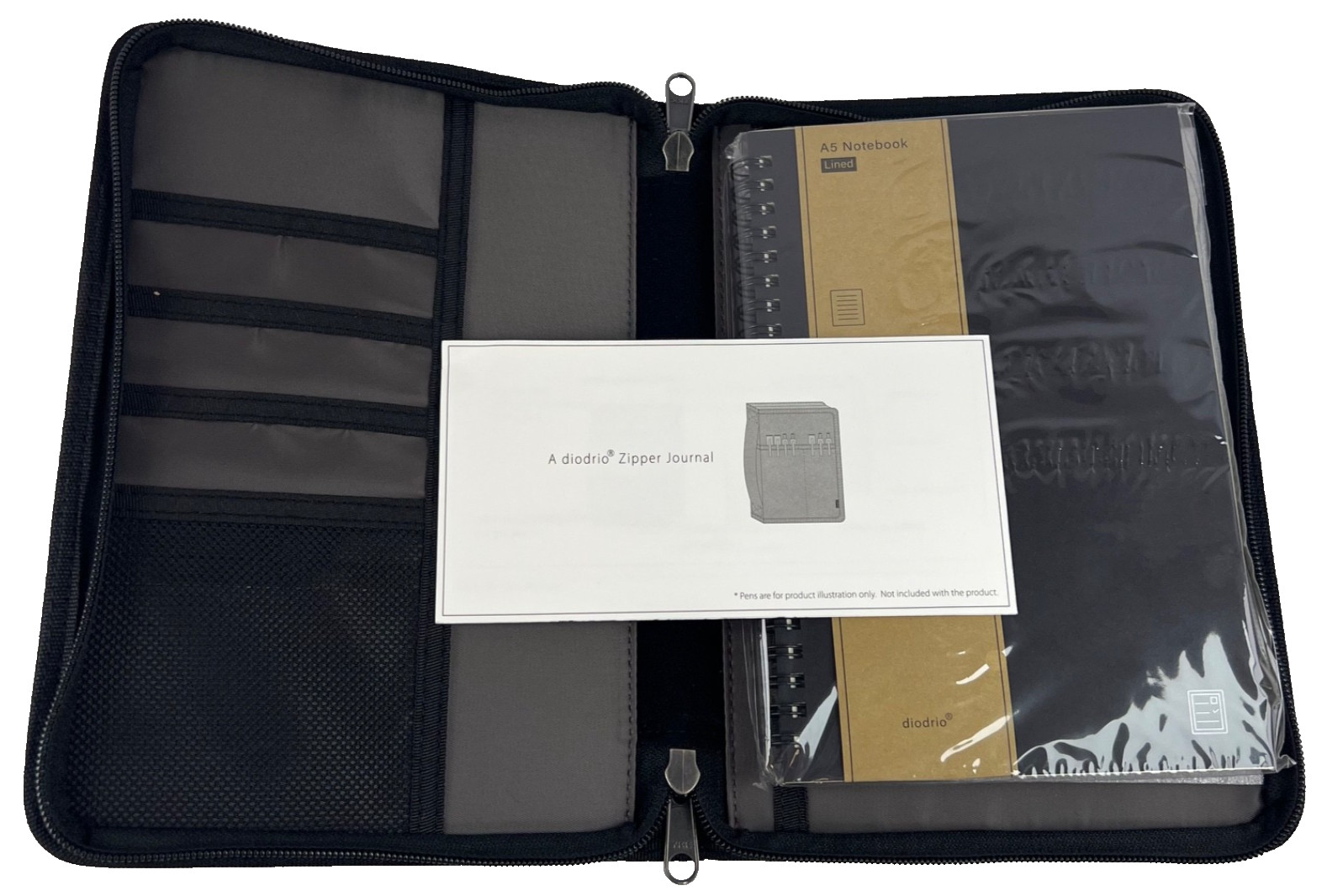 Diodrio Zipper Journal Organizer with A5 Notebook Pen & Card Holder Black