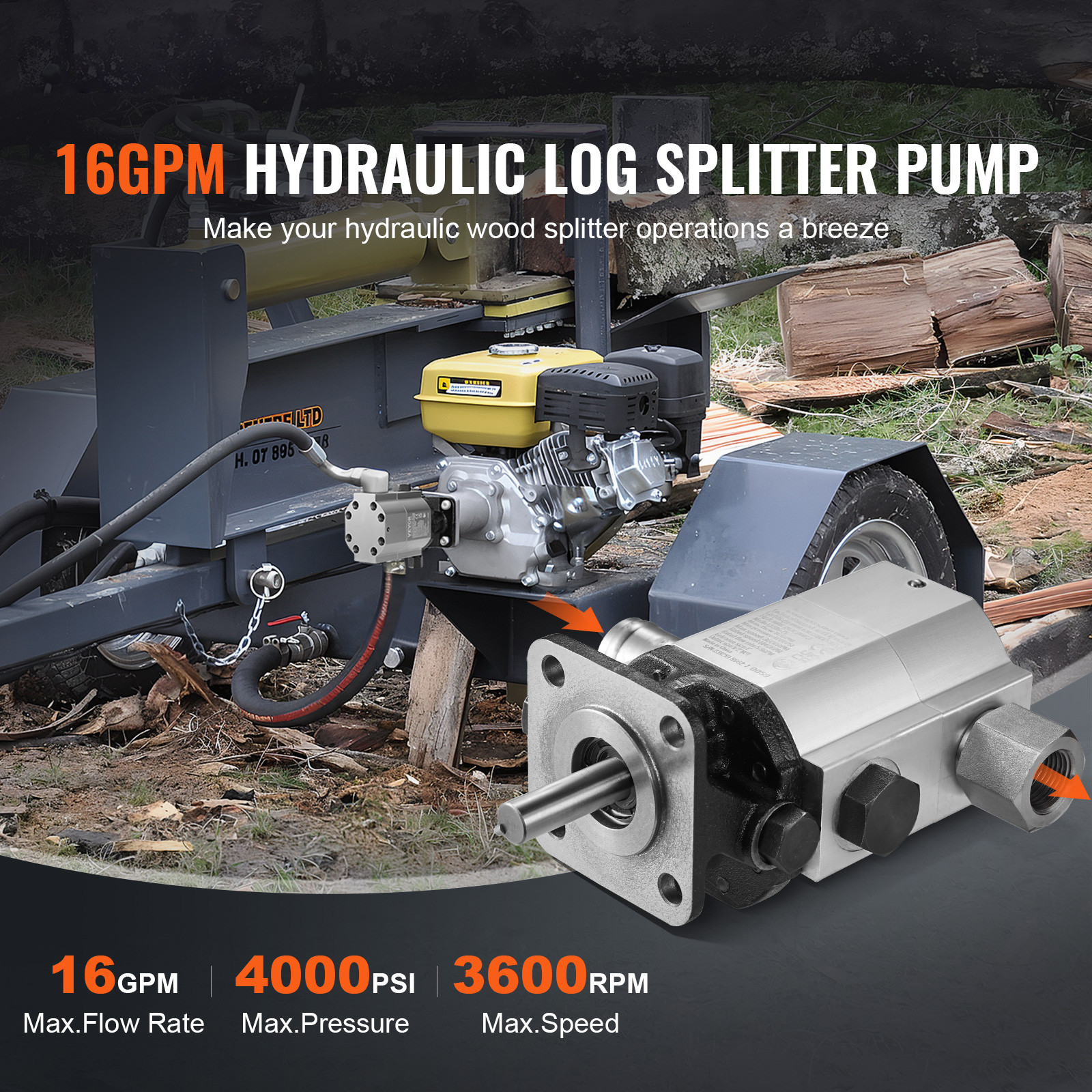 VEVOR Log Splitter Pump 16 GPM 2 Stage HiLo Gear Pump Hydraulic Pump