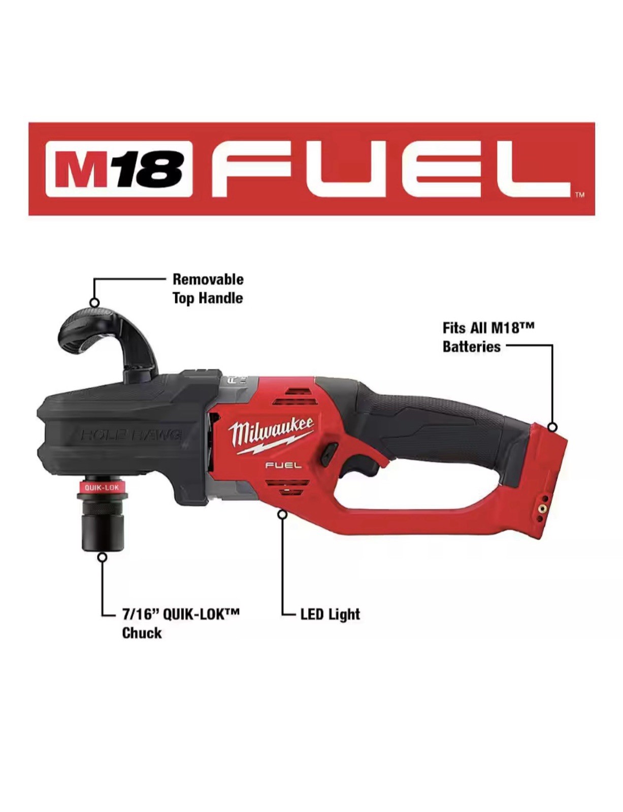Milwaukee 2808-20 M18 FUEL 7/16 in. Hole Hawg Right Angle Drill with Quick-Lok