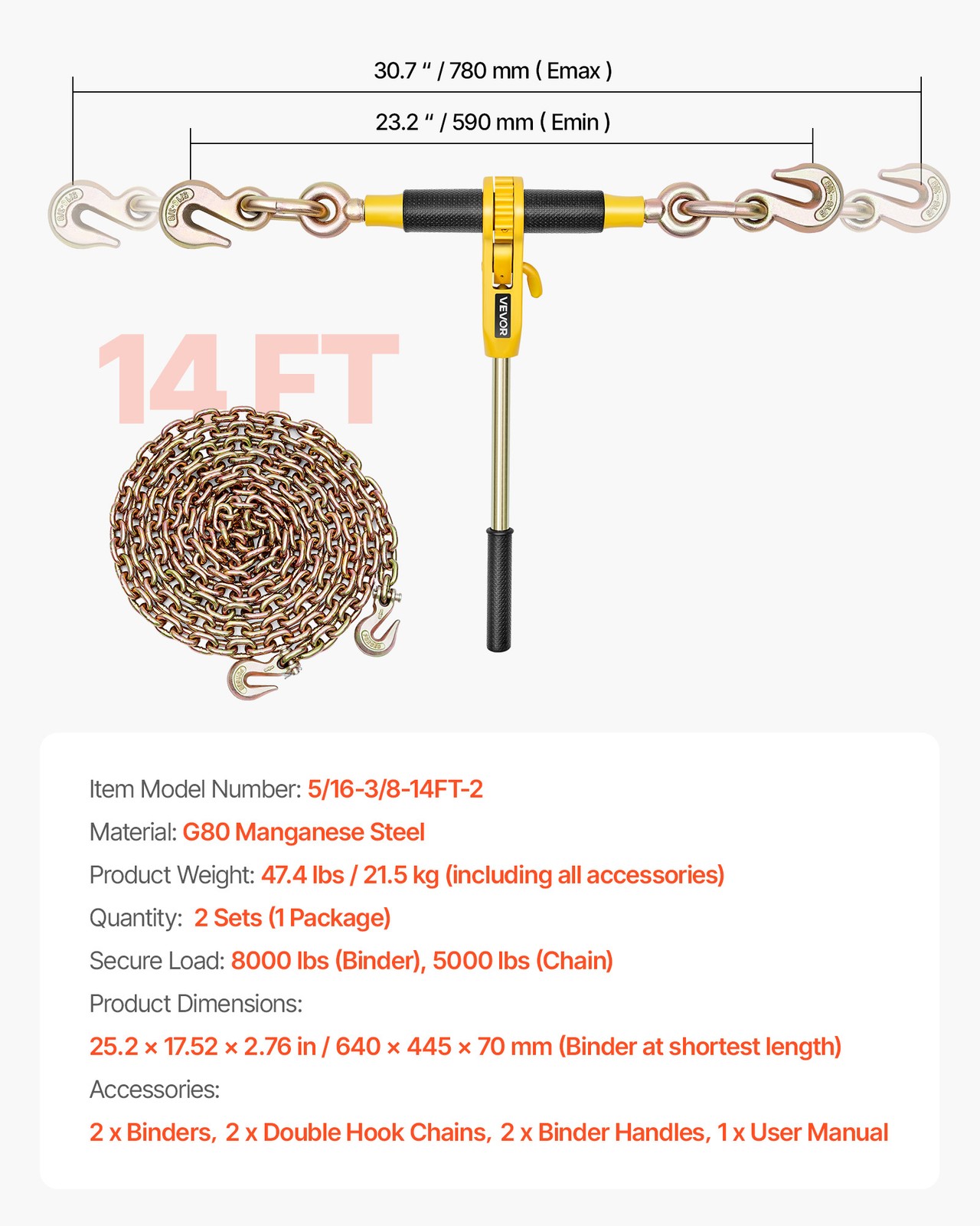 VEVOR 2 Pack 5/16″-3/8″ Ratchet Binder w/G80 14 ft Chains for Secure Hauling