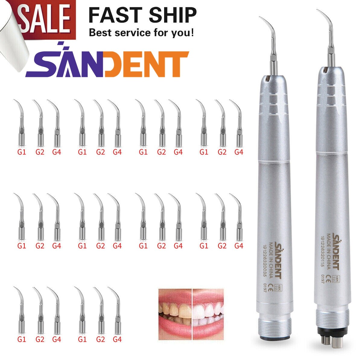 Dental Ultrasonic Air Scaler Handpiece Sonic 2/4 Hole+3 Tips Fit for KAV Scaler