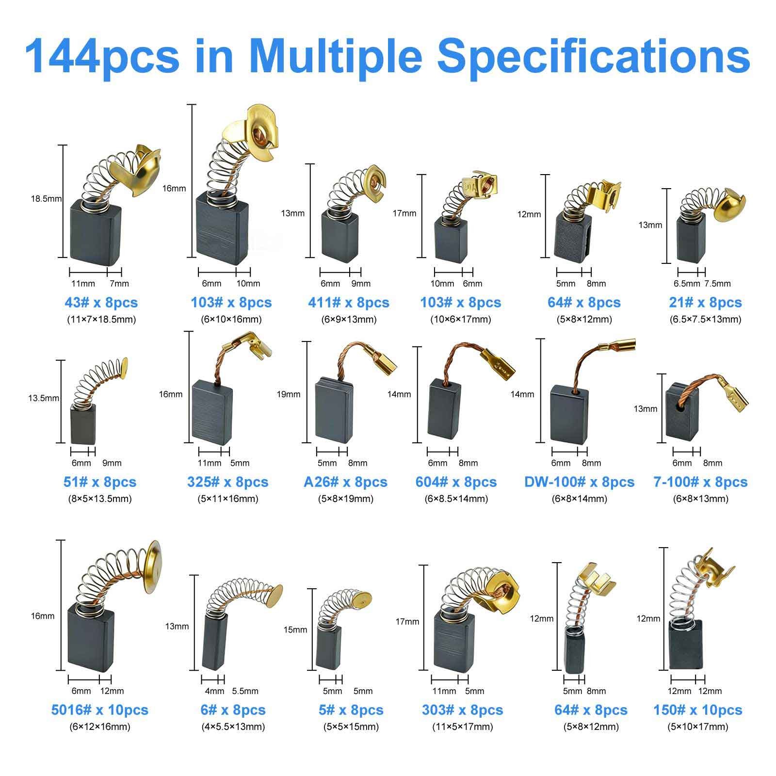 144x 18 Sizes Electric Motor Carbon Brushes for Drills Grinders Saws Repair Kit