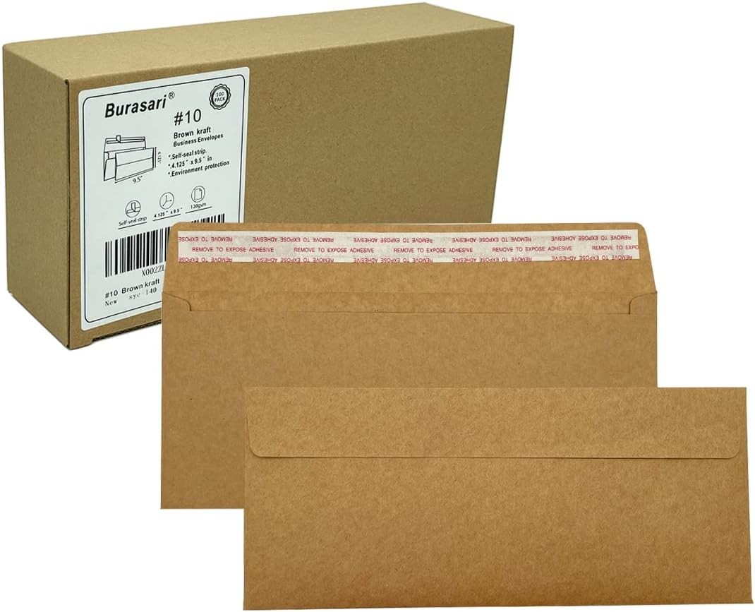 Flat Rectangular Brown Kraft Envelopes 4.125×9.5 Inches for Business – 80 Count