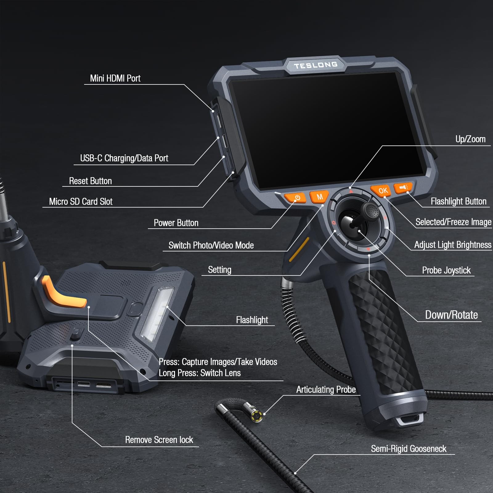 Teslong TF600 4-Way Articulating Borescope with 6-inch IPS LCD HD, black