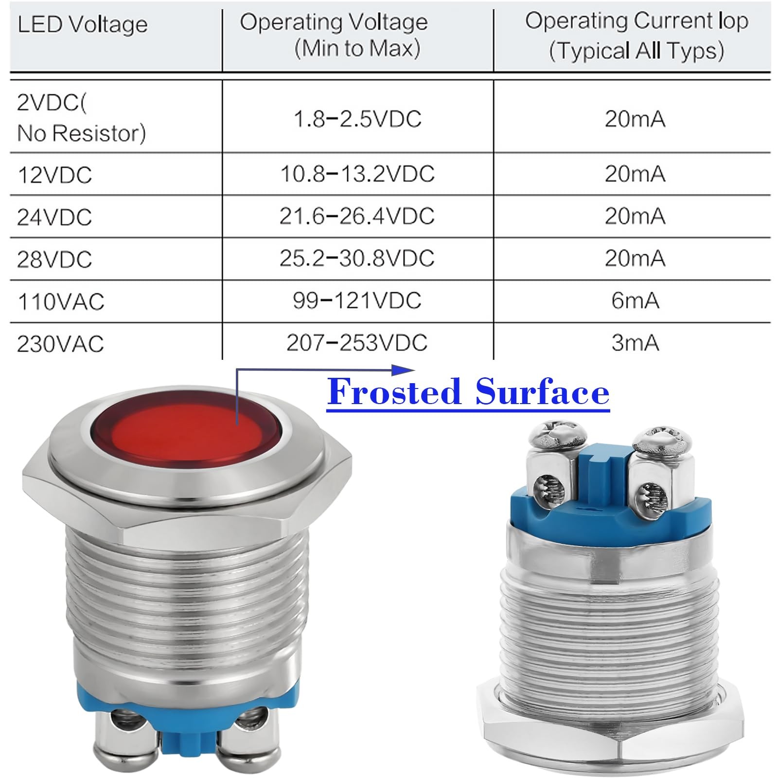 16mm 5/8in Indicator Light Stainless Steel 304 12V-24V 12-24 V AC/DC, Red