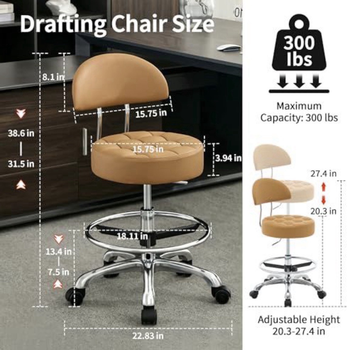 Adjustable Drafting Chair Rolling Swivel Stool w/ Backrest 300lb