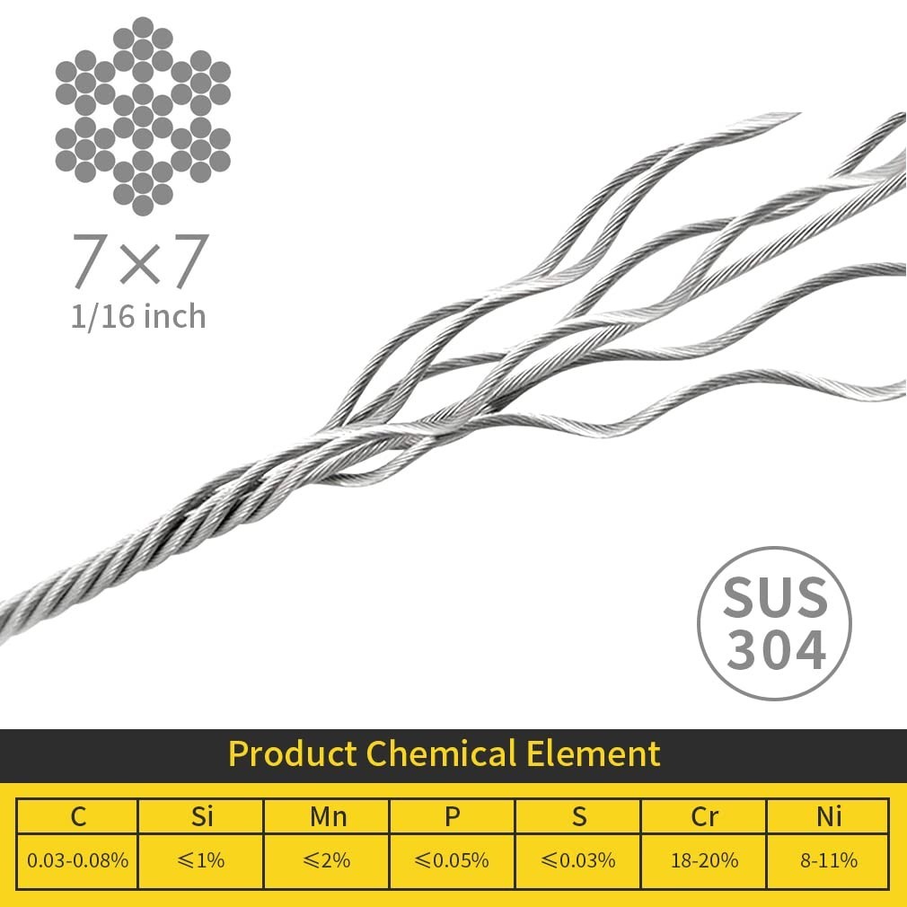 Cable de acero inoxidable 304 de 1/16 de pulgada, 30,5 m (100 pies), con 50 mang