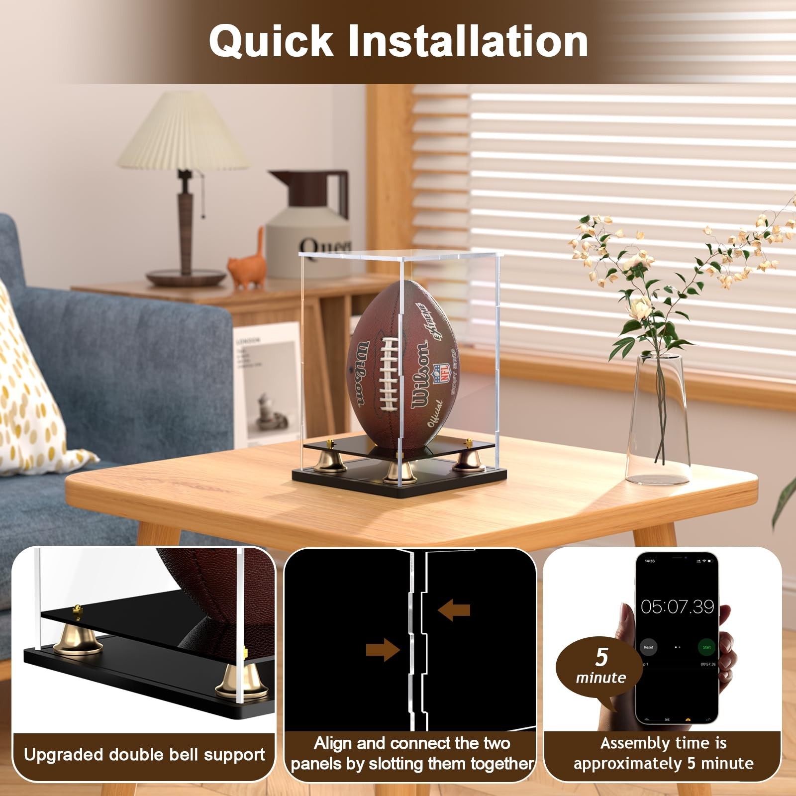 Football Display Case Full Size, Clear Acrylic Display Cases with Double Laye…